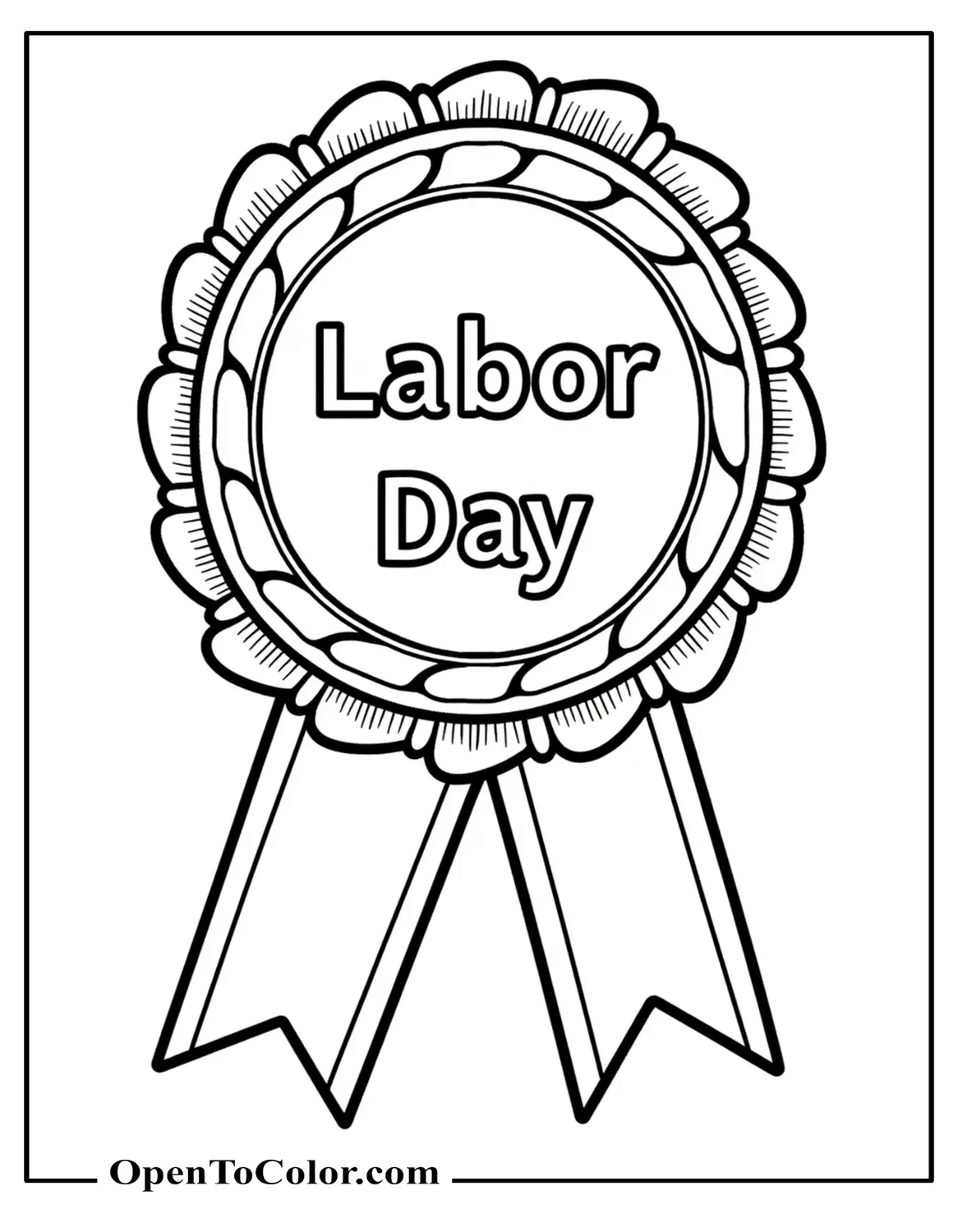 Free Coloring Page of Round Award Ribbon with “Labor Day” in the Center, Drawn with Bold, Simple Shapes