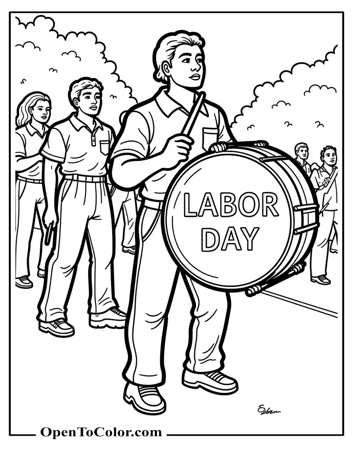 Parade Drum With “Labor Day” Across The Drumhead, Coloring Sheet PDF