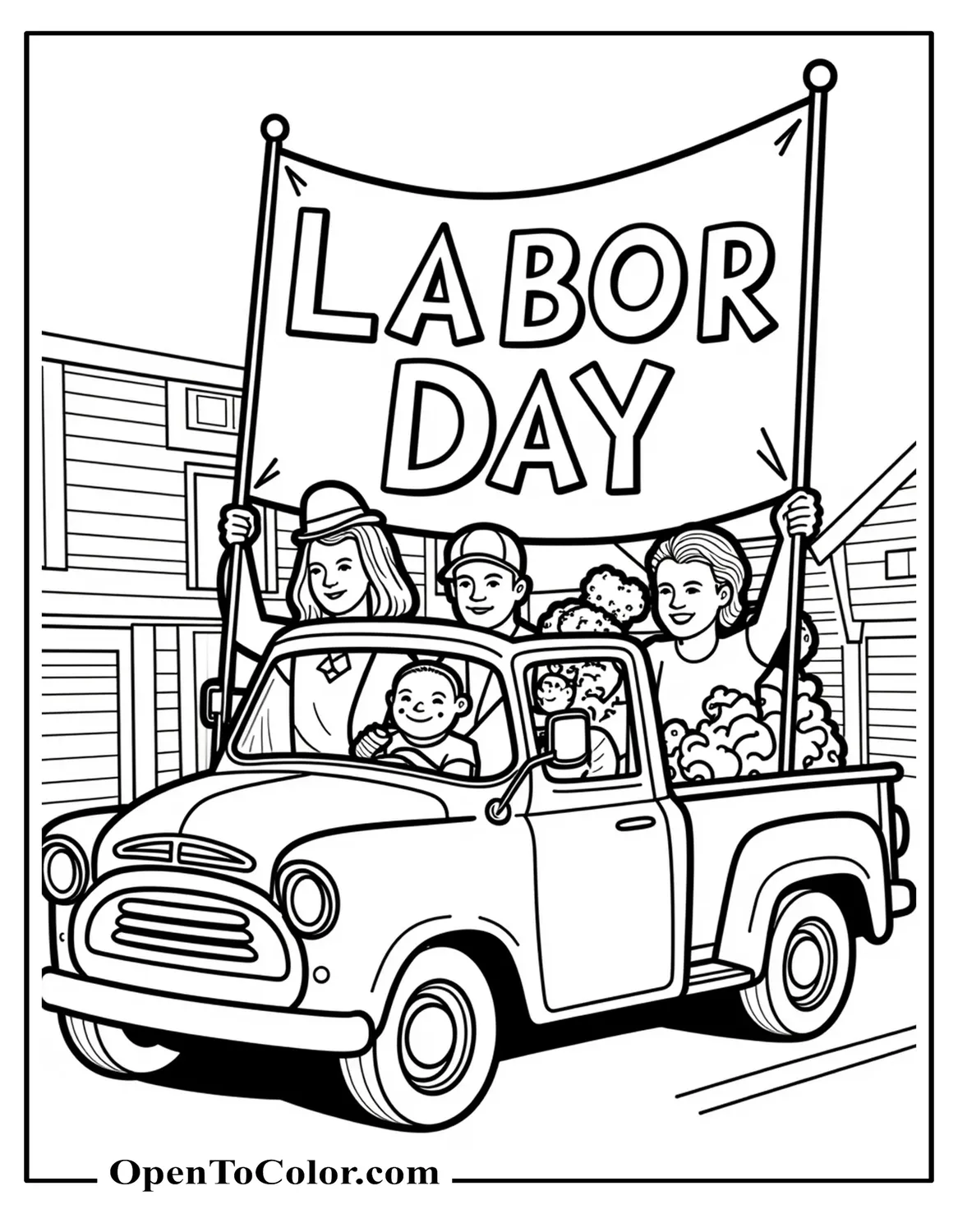 Parade float with a big “Labor Day” banner coloring sheet printable