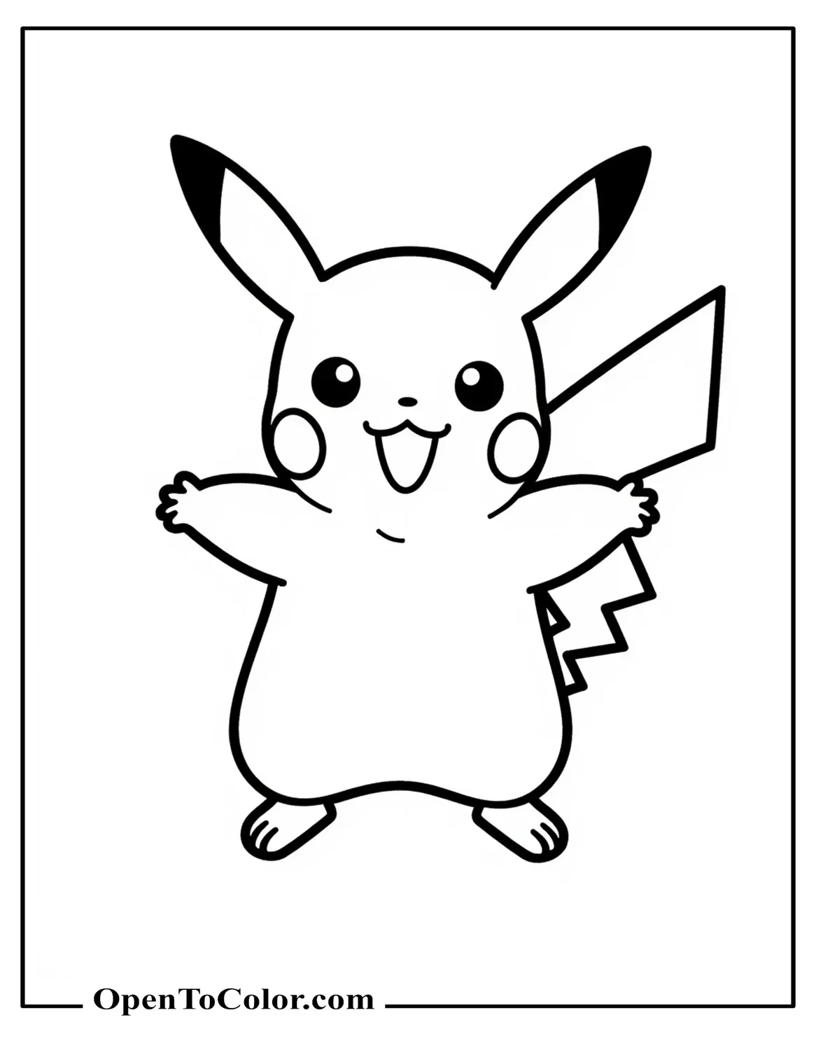 Pikachu front view coloring page with open arms, large clean shapes, plain background PDF.