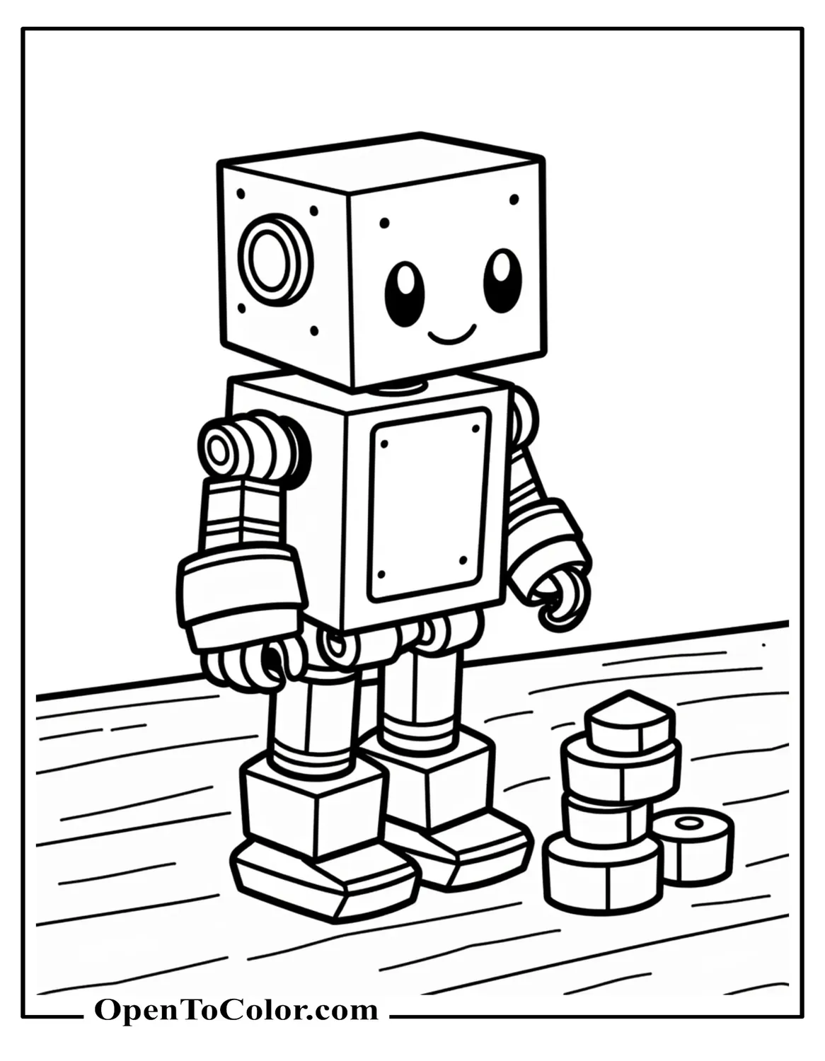 Boxy Easy-Build Robot Stacking Wooden Blocks On A Table Coloring Sheet Printable
