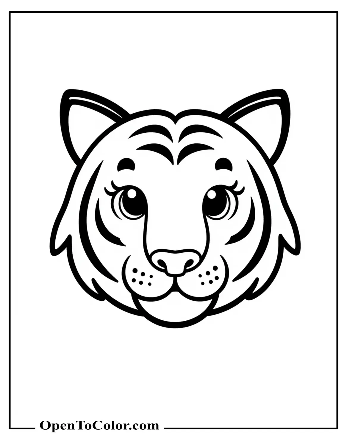 Easy Tiger Head Coloring Sheet with Three Big Shapes Eyes Nose Muzzle Printable
