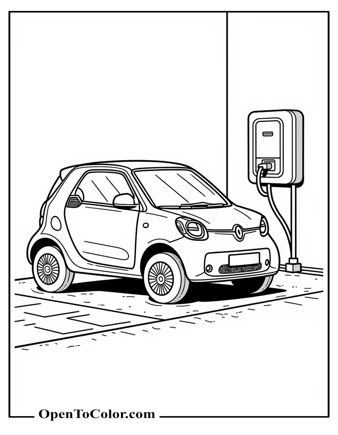 Coloring Page PDF Of A Compact Electric Hatchback Plugged Into A Home Wallbox With Coiled Cable