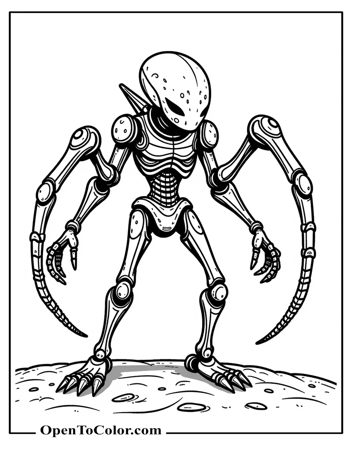 Printable Coloring Sheet of an Evil Alien Robot with Tentacle Arms Floating Above Ground