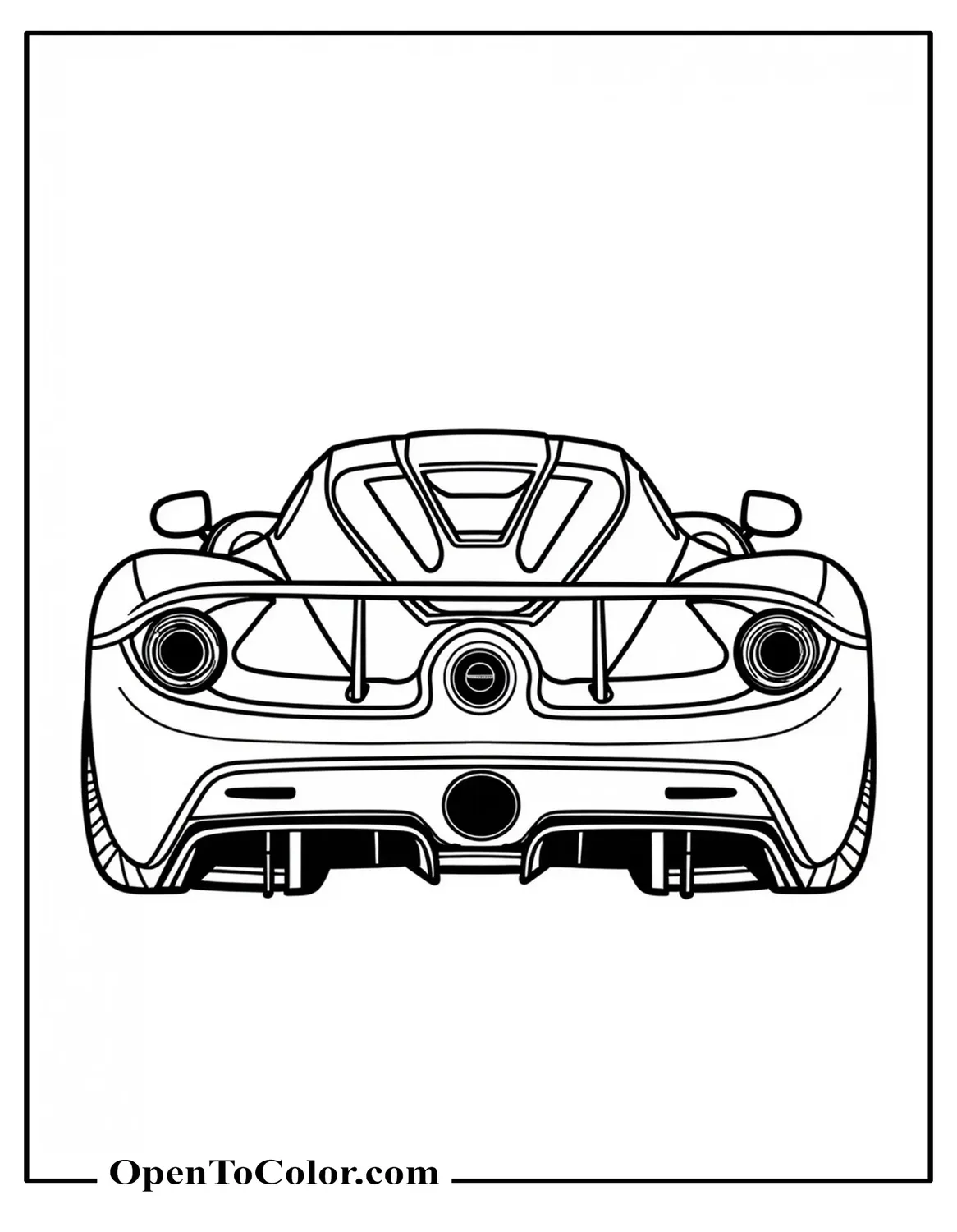 Sleek exotic hypercar rear showing diffuser and vents coloring page PDF