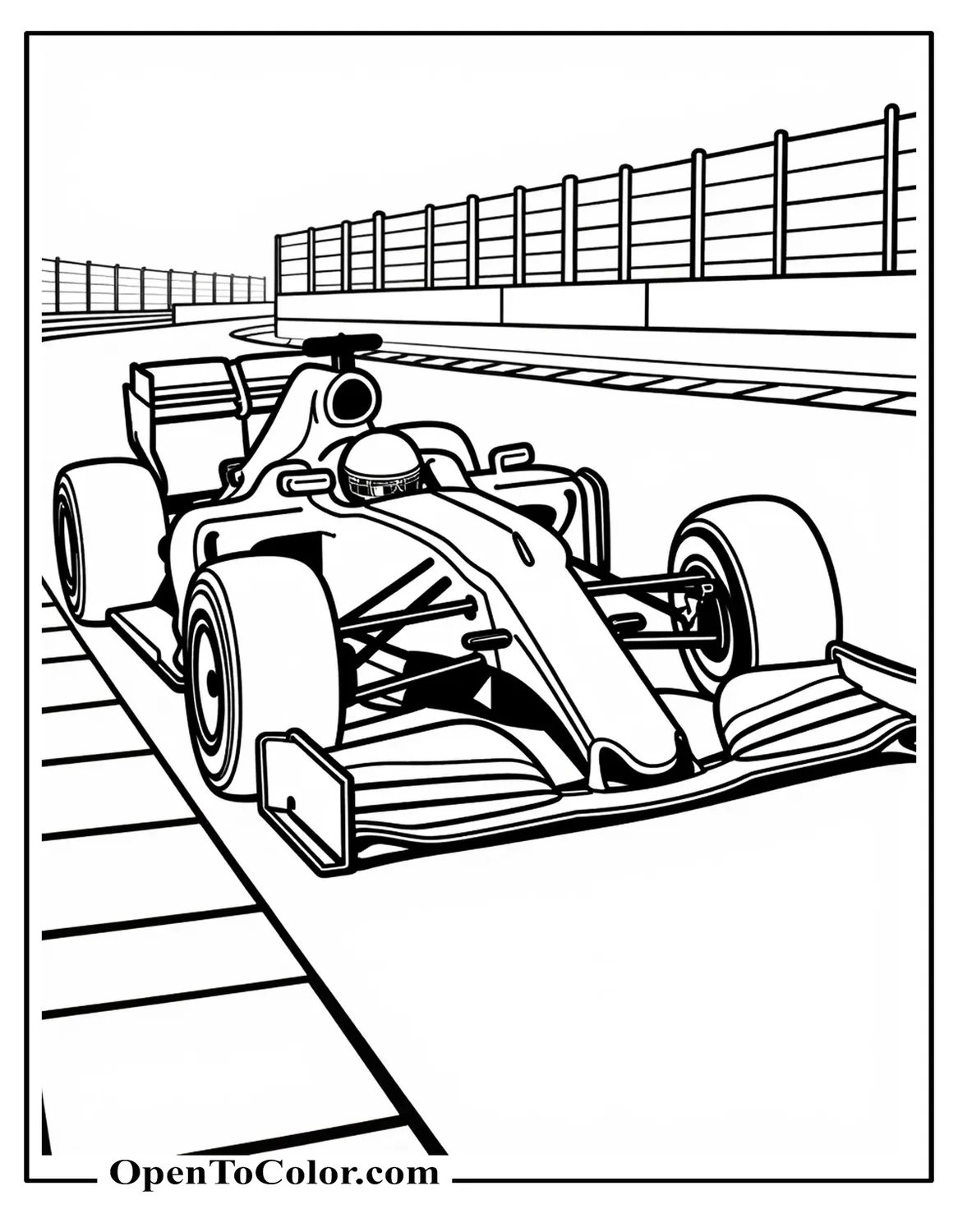 Formula 1 car coloring sheet entering a chicane with striped curbs and pit wall PDF