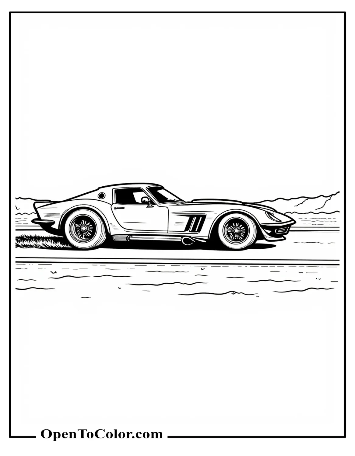 Free Coloring Page of a Streamlined Coupe With Motion Lines on a Long Straight Highway