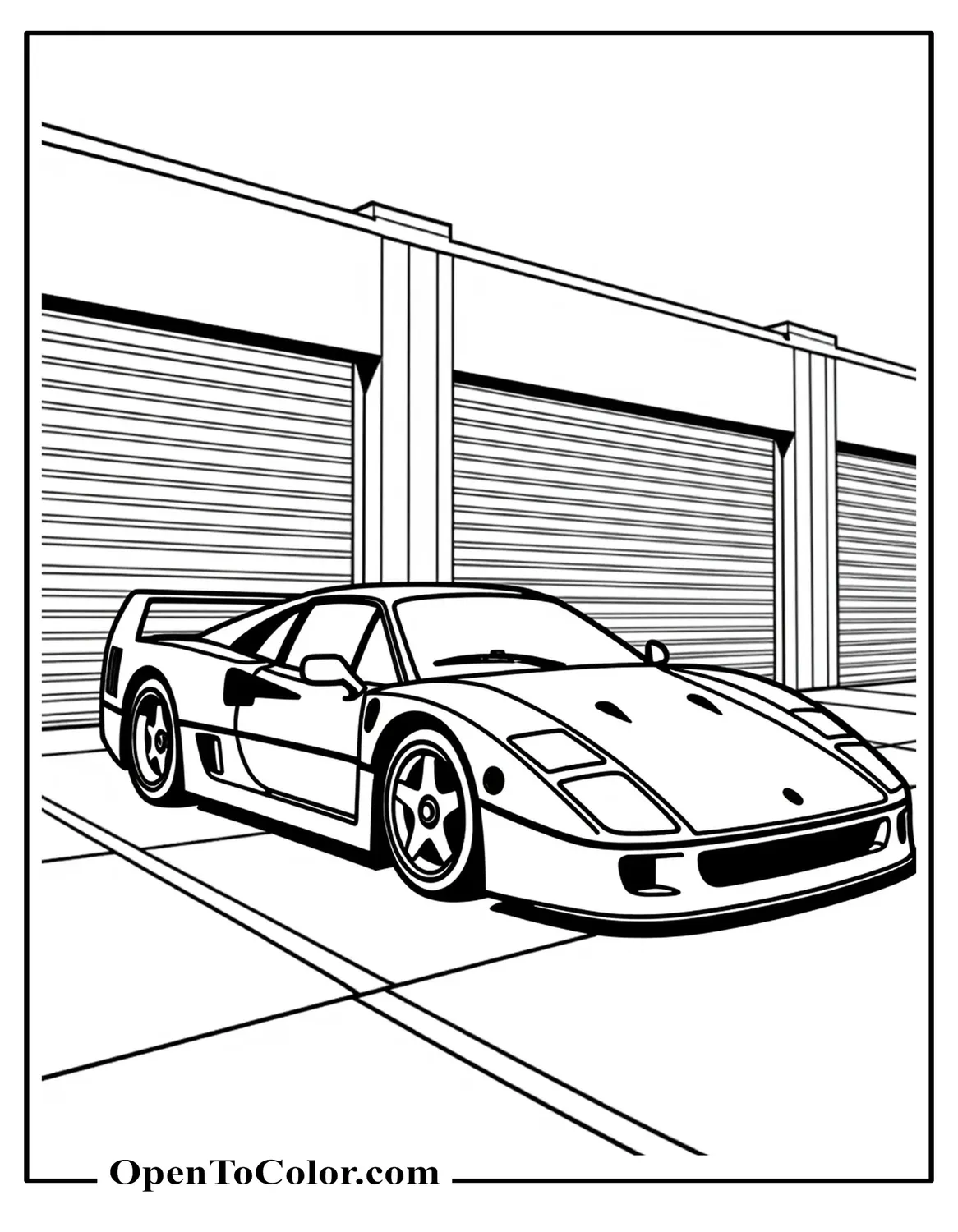Ferrari F40 Side View Coloring Sheet Printable In Pit Lane With An Open Garage Door
