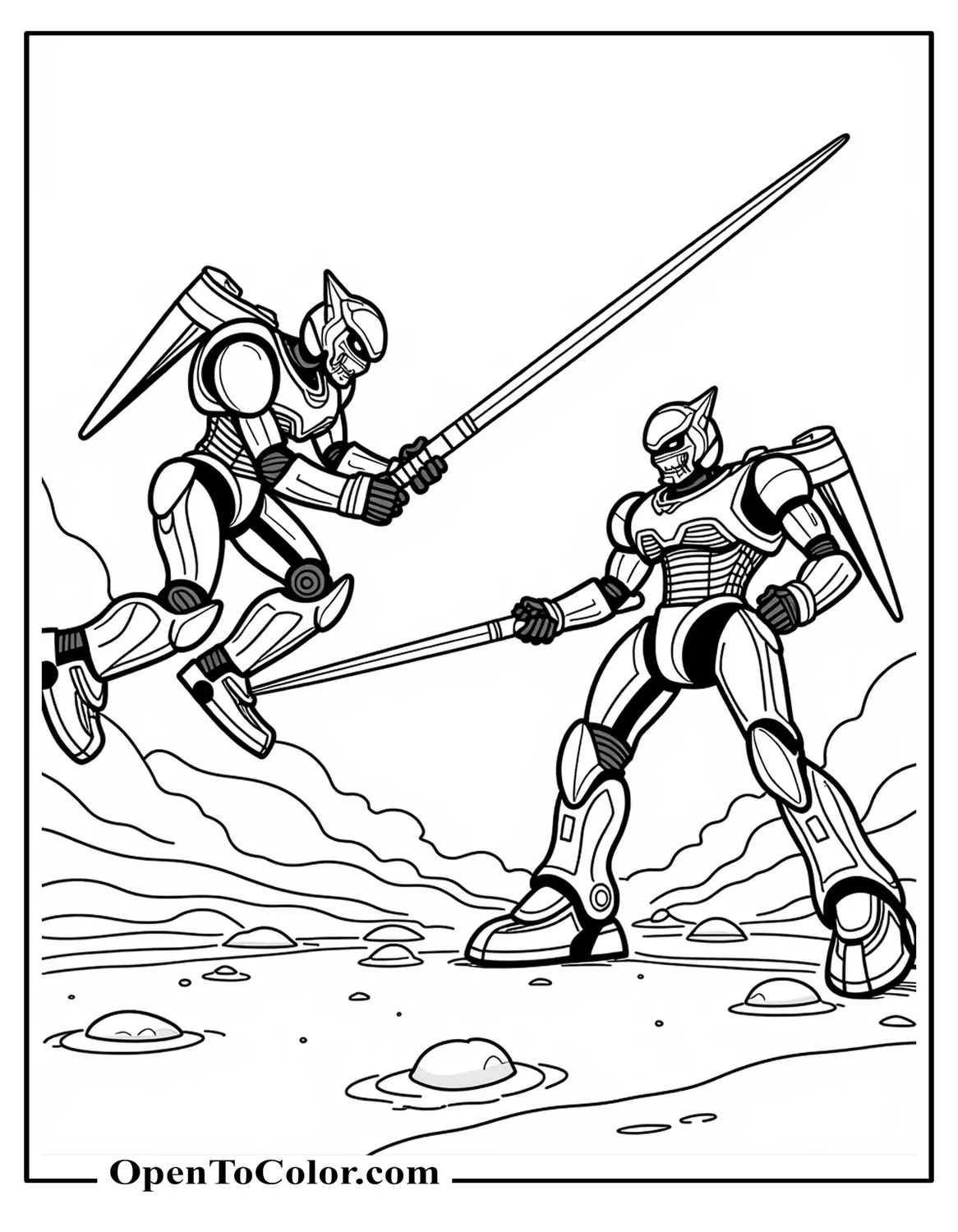 Two Fighting Robots Clashing Laser Swords in Mid-Air Coloring Page PDF