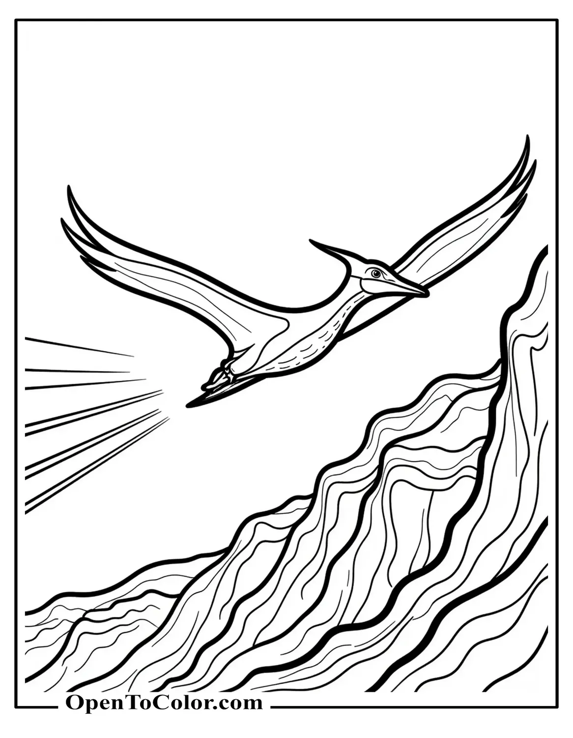 Pteranodon Gliding Above Cliffs With Wind Lines Coloring Sheet PDF
