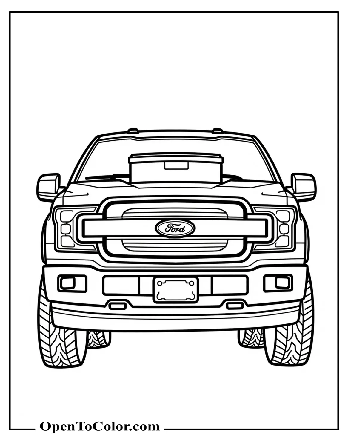 Free Coloring Page of Ford F-150 Pickup Front View with a Toolbox in the Bed