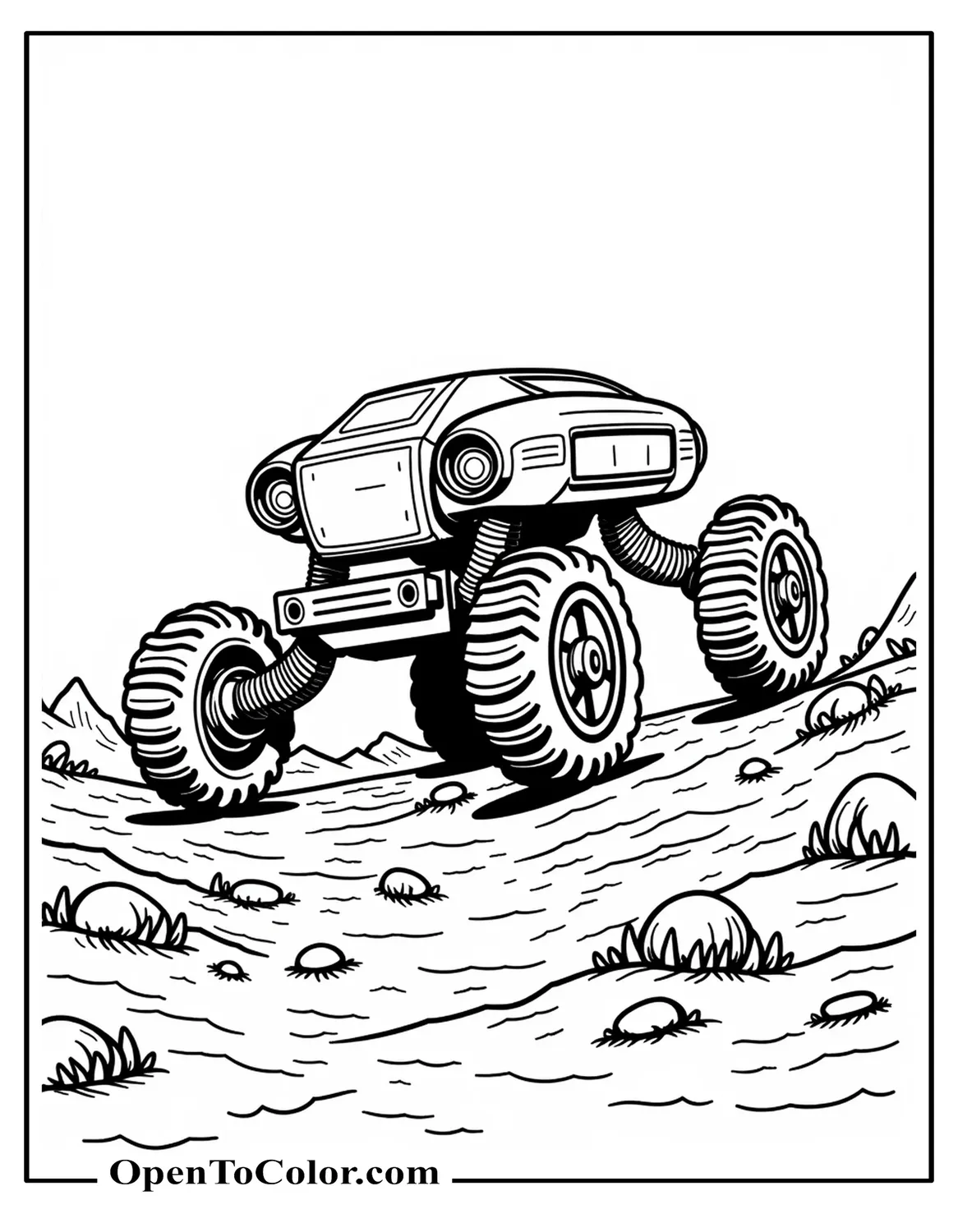 Four-legged robotic crawler coloring sheet trekking over rocky terrain PDF