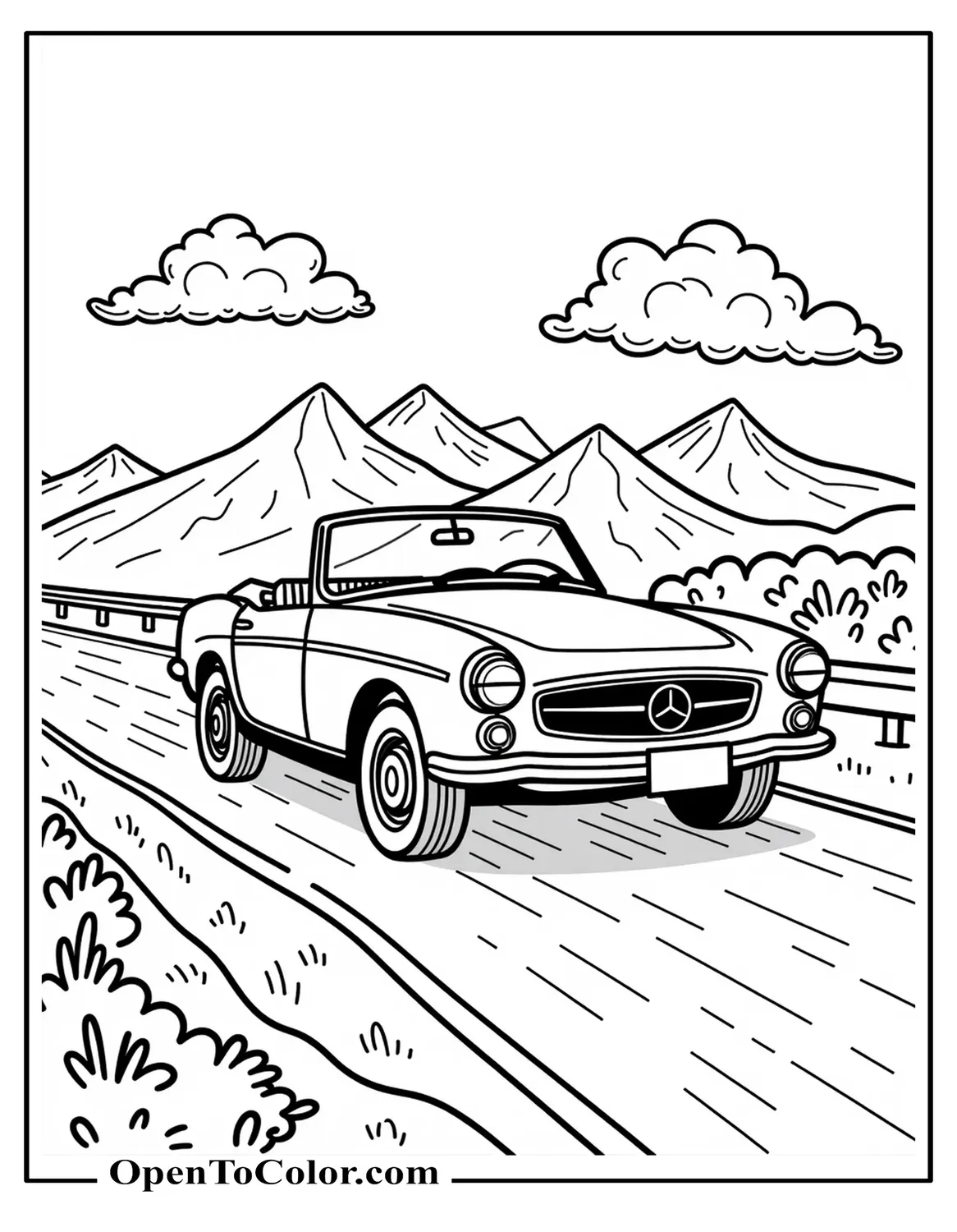 Printable Coloring Sheet of a Convertible Cruising on an Open Highway with Mountains and Two Clouds