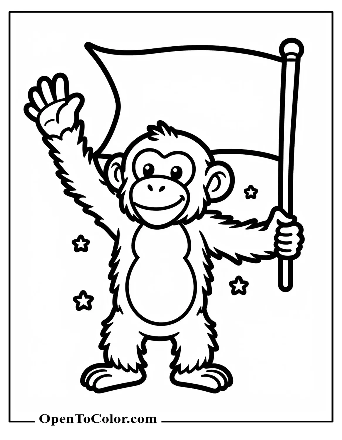 Free Coloring Page of a Chimpanzee Waving One Hand and Holding a Blank Banner with Small Stars Around