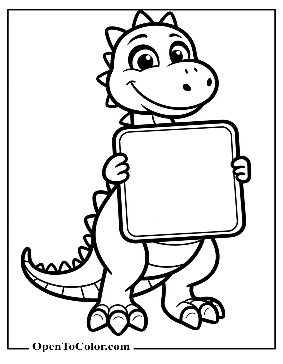 Small Dinosaur Holding A Blank Sign Frame Coloring Page Printable