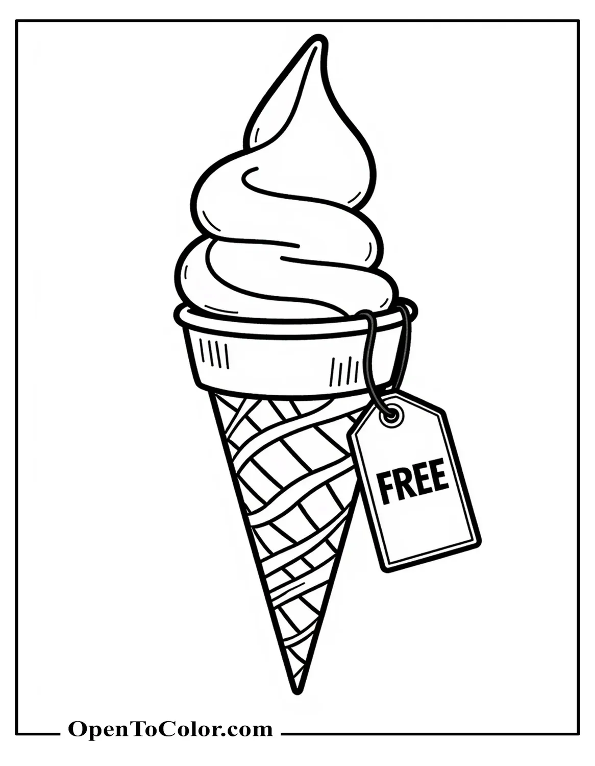 Free Coloring Page of an Ice Cream Cone With a Hanging Price Tag Labeled Free