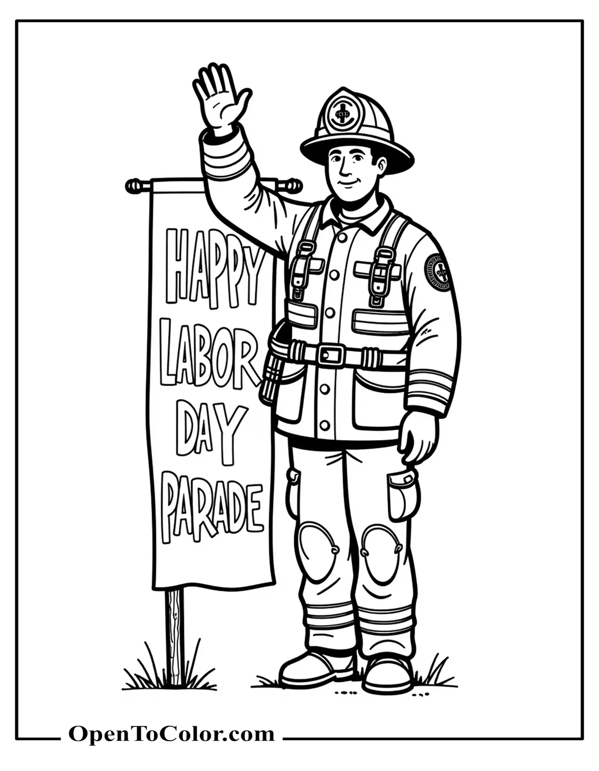 Printable Coloring Page of a Firefighter Waving Next to a “Labor Day Parade” Banner