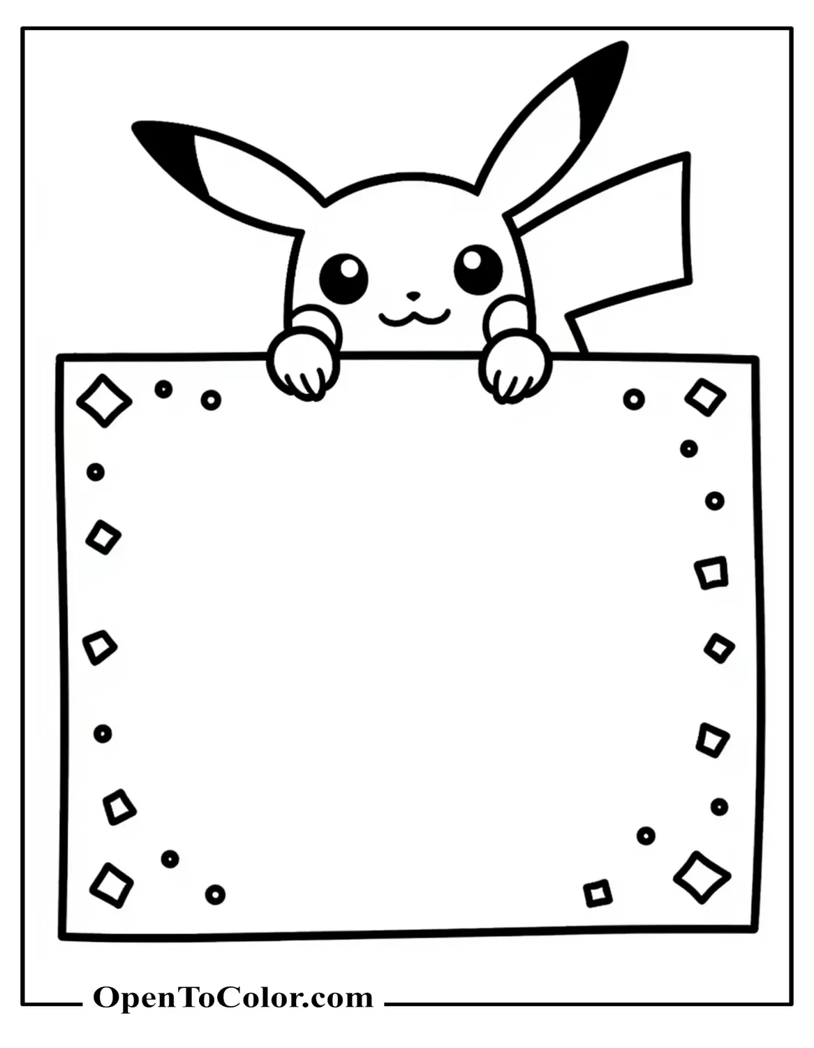Pikachu peeking over a blank signboard with confetti corners, coloring sheet PDF.
