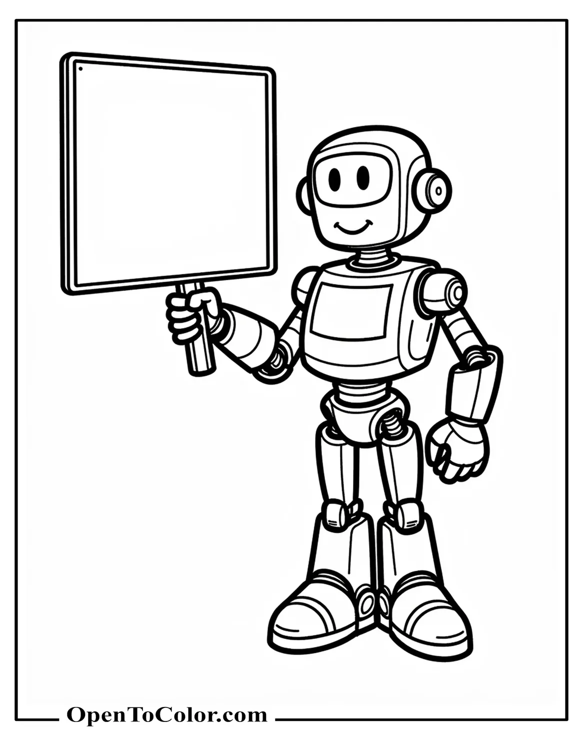 Friendly helper robot presenting a blank signboard, printable coloring page.