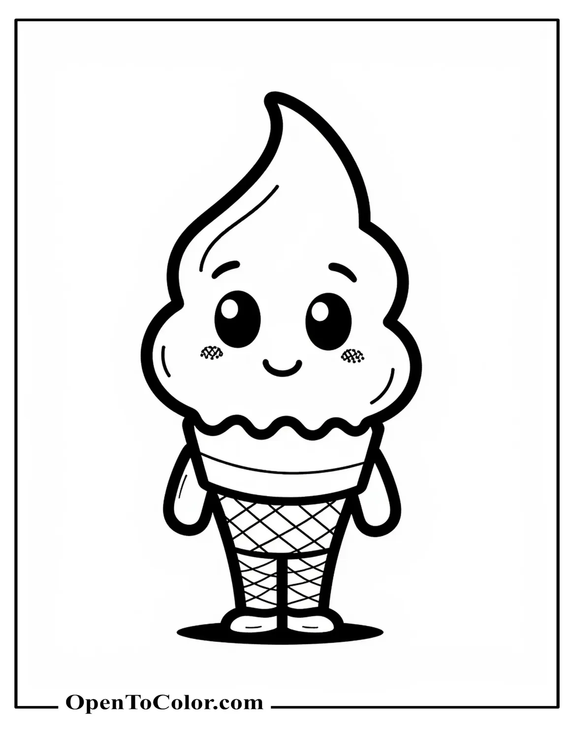 A Funkopop-style chibi ice cream mascot coloring page PDF with oversized head and tiny body, standing in a simple pose.