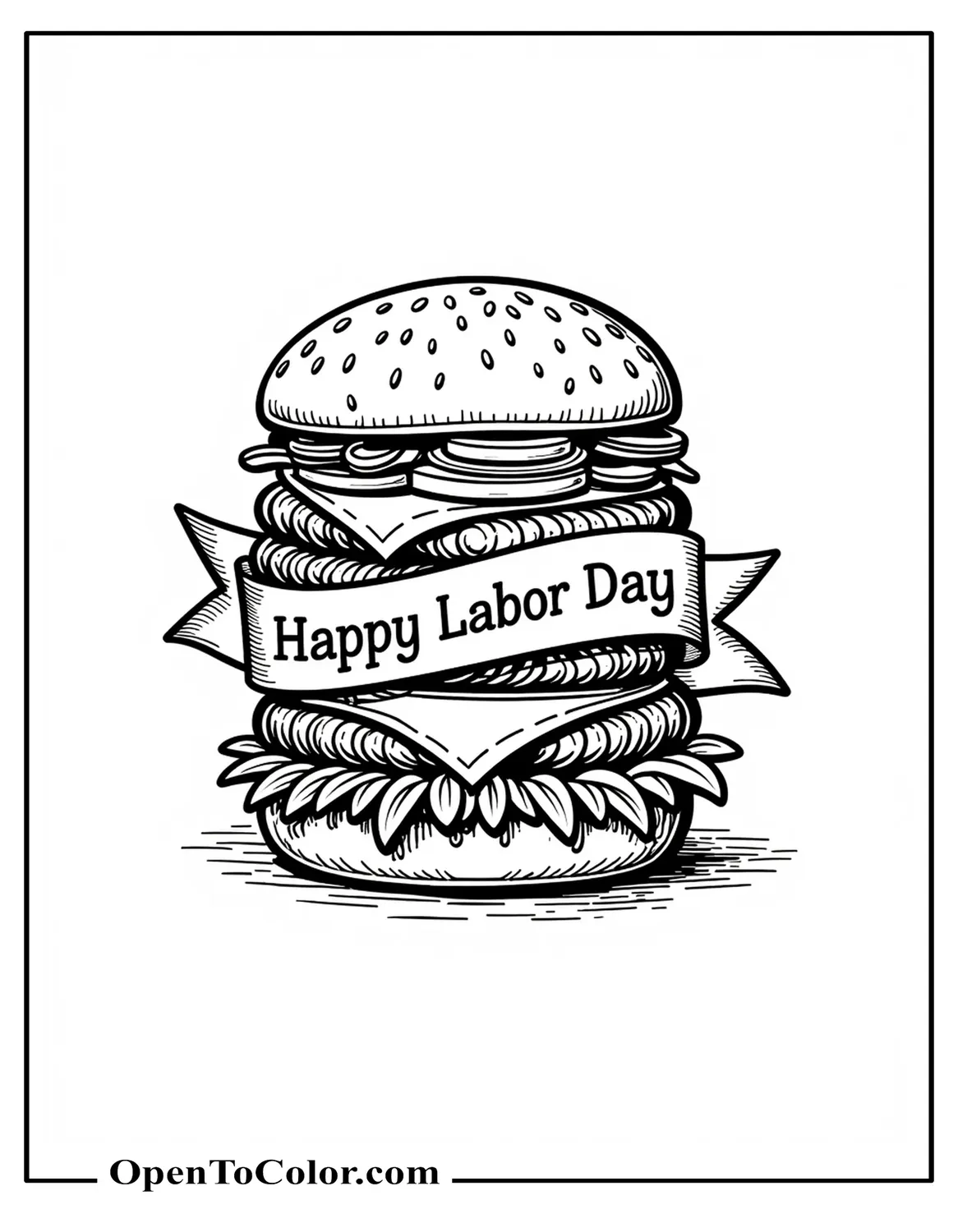 Printable Coloring Page of a Hamburger Wrapped by a “Happy Labor Day” Banner