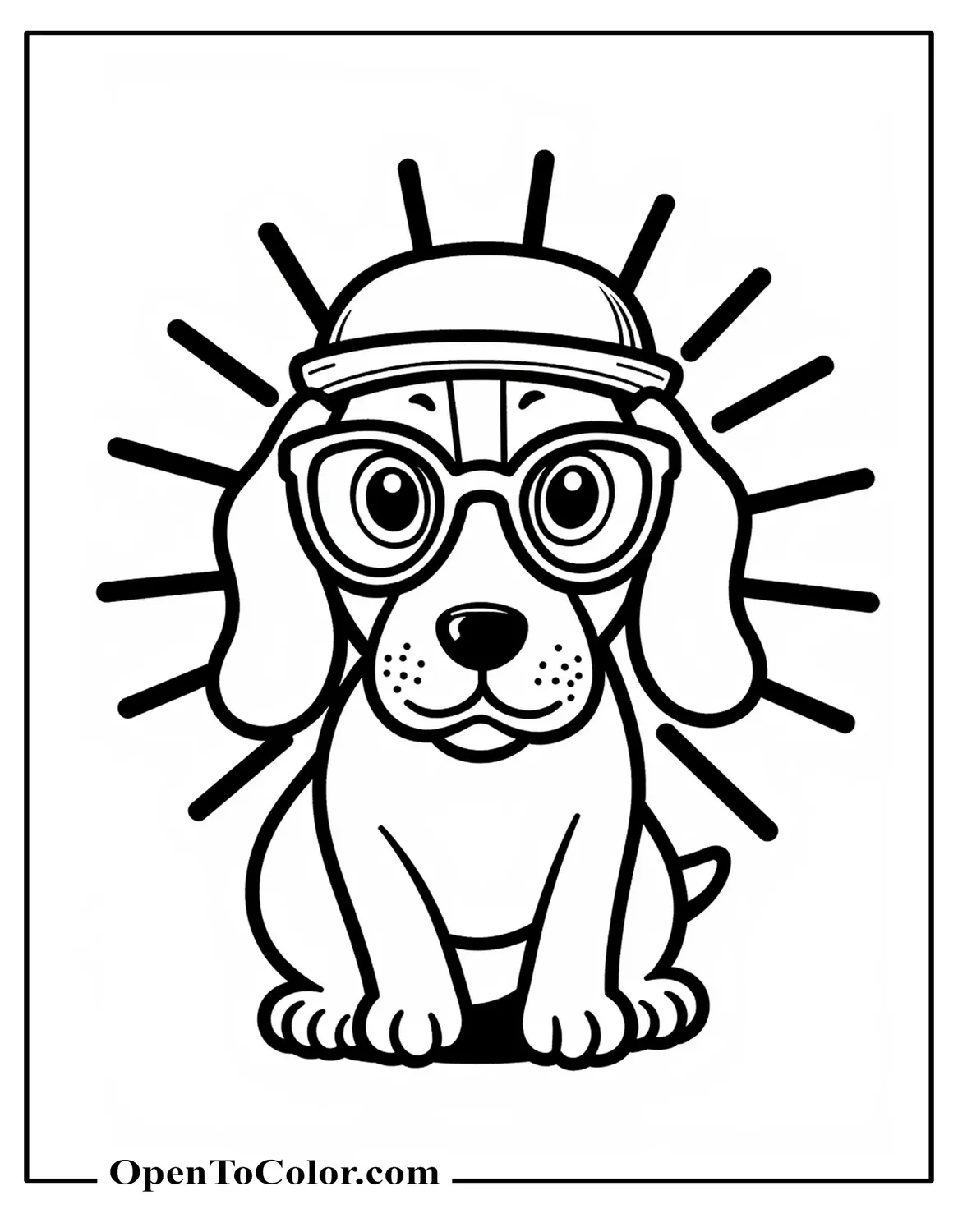 Beagle wearing oversized round glasses and a tiny hat, comic starburst behind, coloring page PDF.