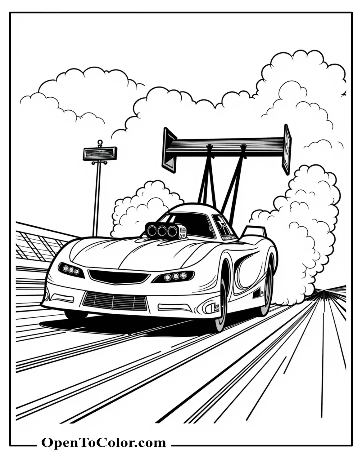 Printable NHRA Funny Car Coloring Page Launching From the Line Without a Visible Parachute