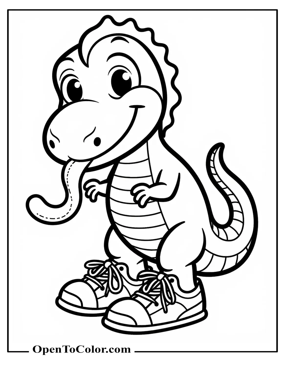 Dinosaur Coloring Page PDF Trying to Tie Shoelaces With Tongue Out