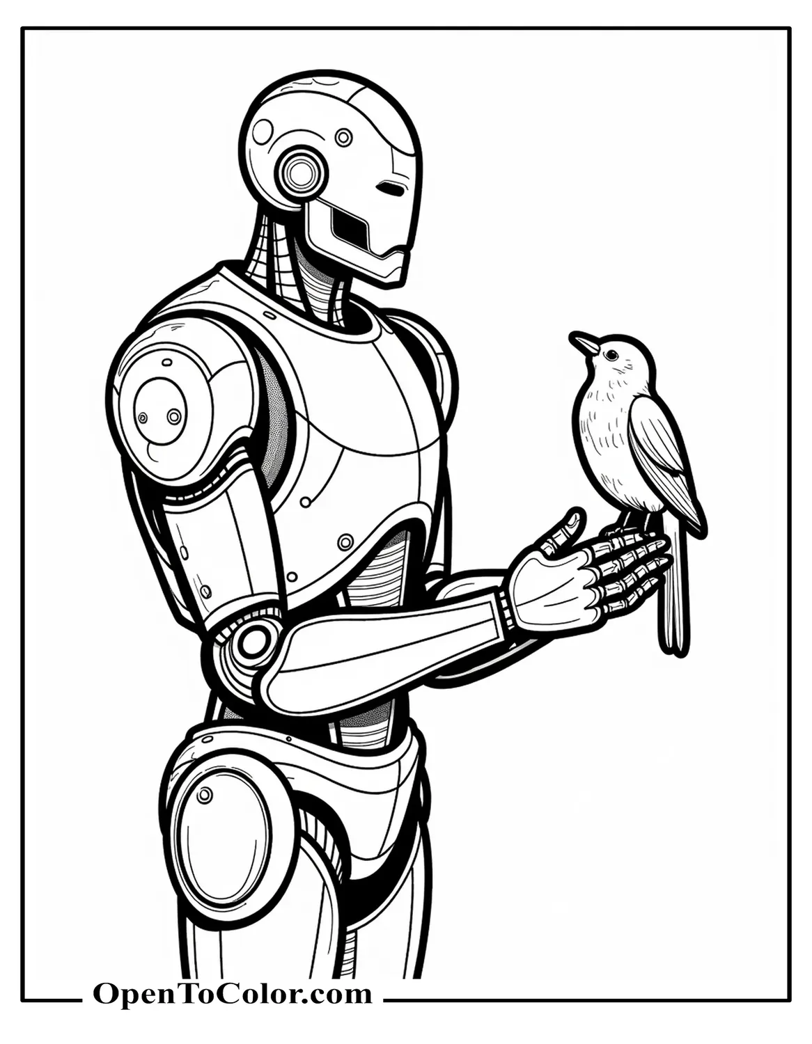 Giant Iron Robot Gently Shaking Hands With A Perched Bird Coloring Page PDF