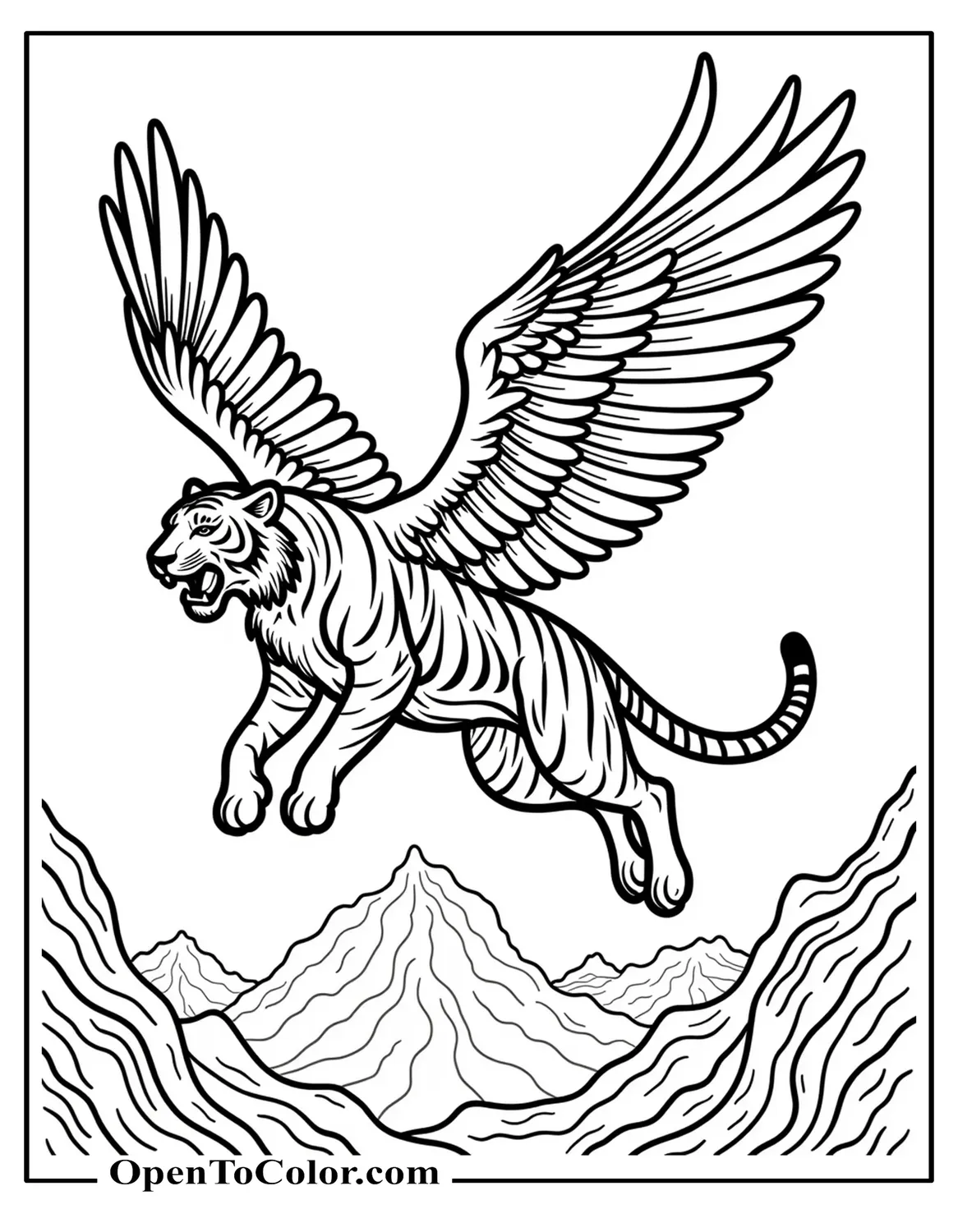 Printable coloring sheet of a giant realistic flying tiger with feathered wings soaring over mountains.