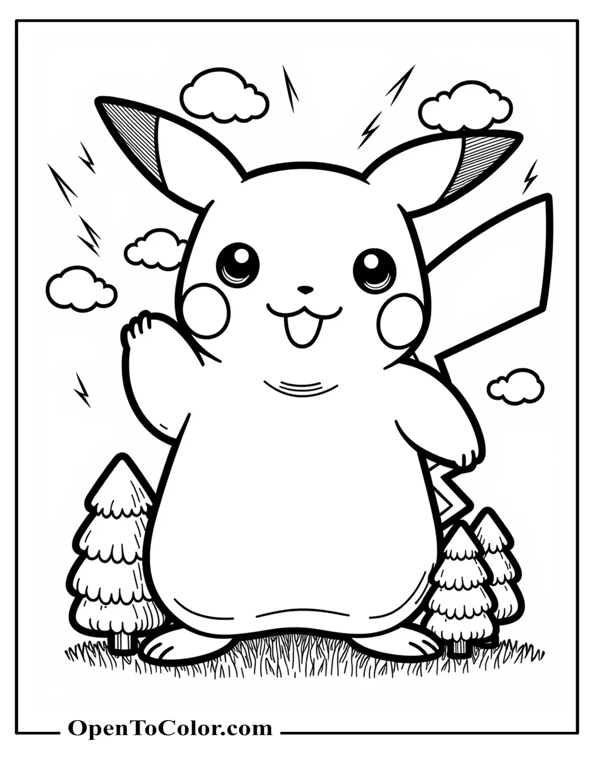 Gigantamax Pikachu Towering Over Tiny Trees Detailed Zigzag Tail Lightning Clouds Coloring Page PDF