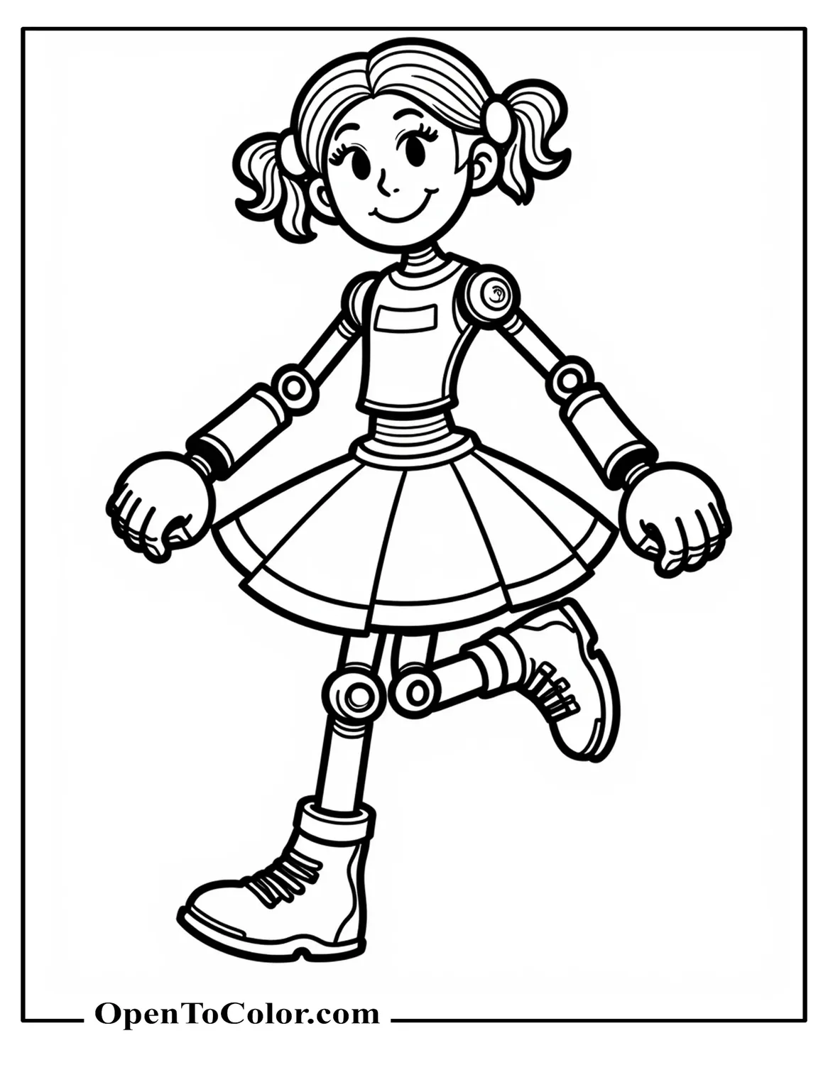 Coloring Page PDF of Girl Robot with Bow and Skirt Spinning in Playful Pose