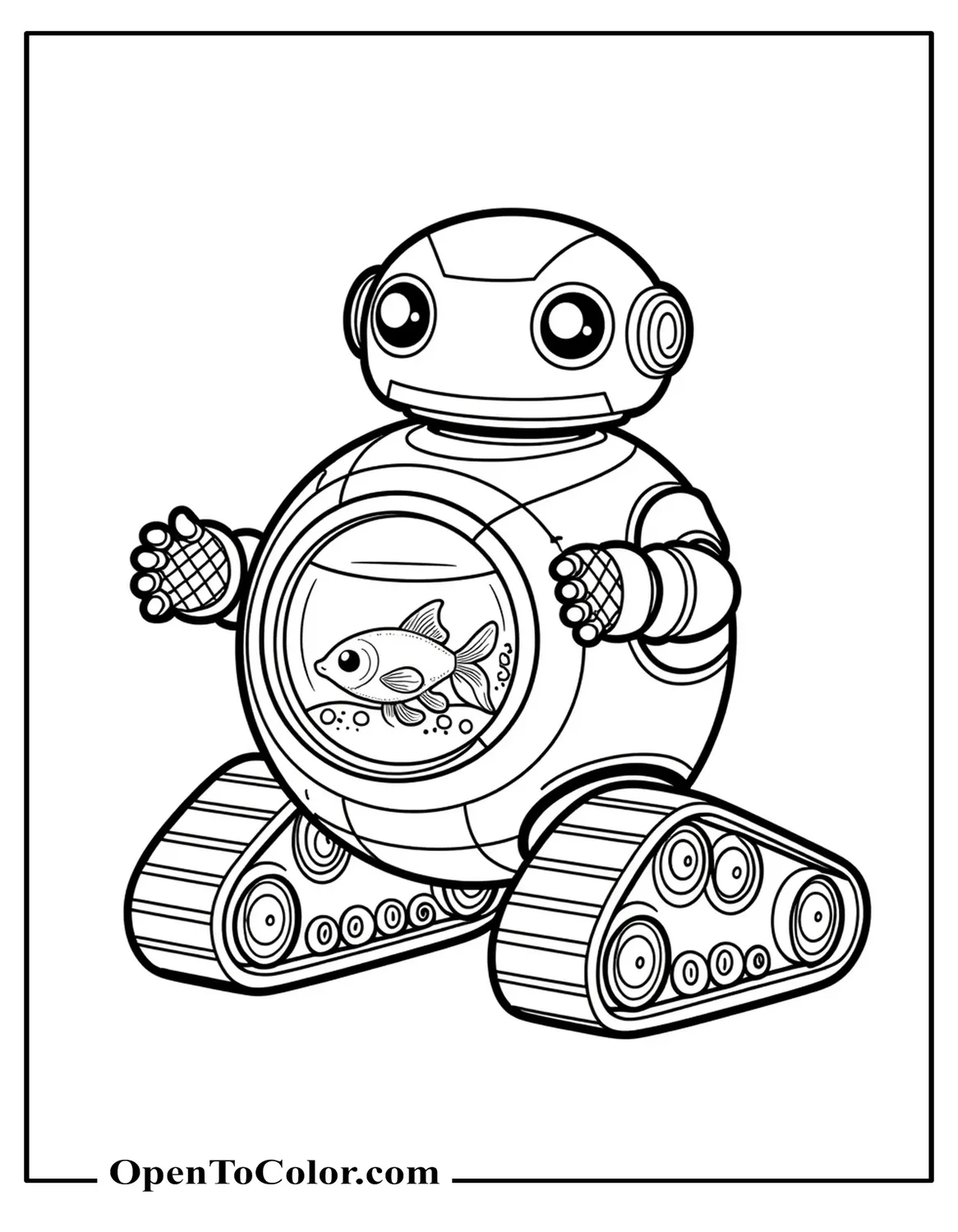 Round Robot With Built-In Goldfish Tank Rolling On Treads Coloring Sheet PDF