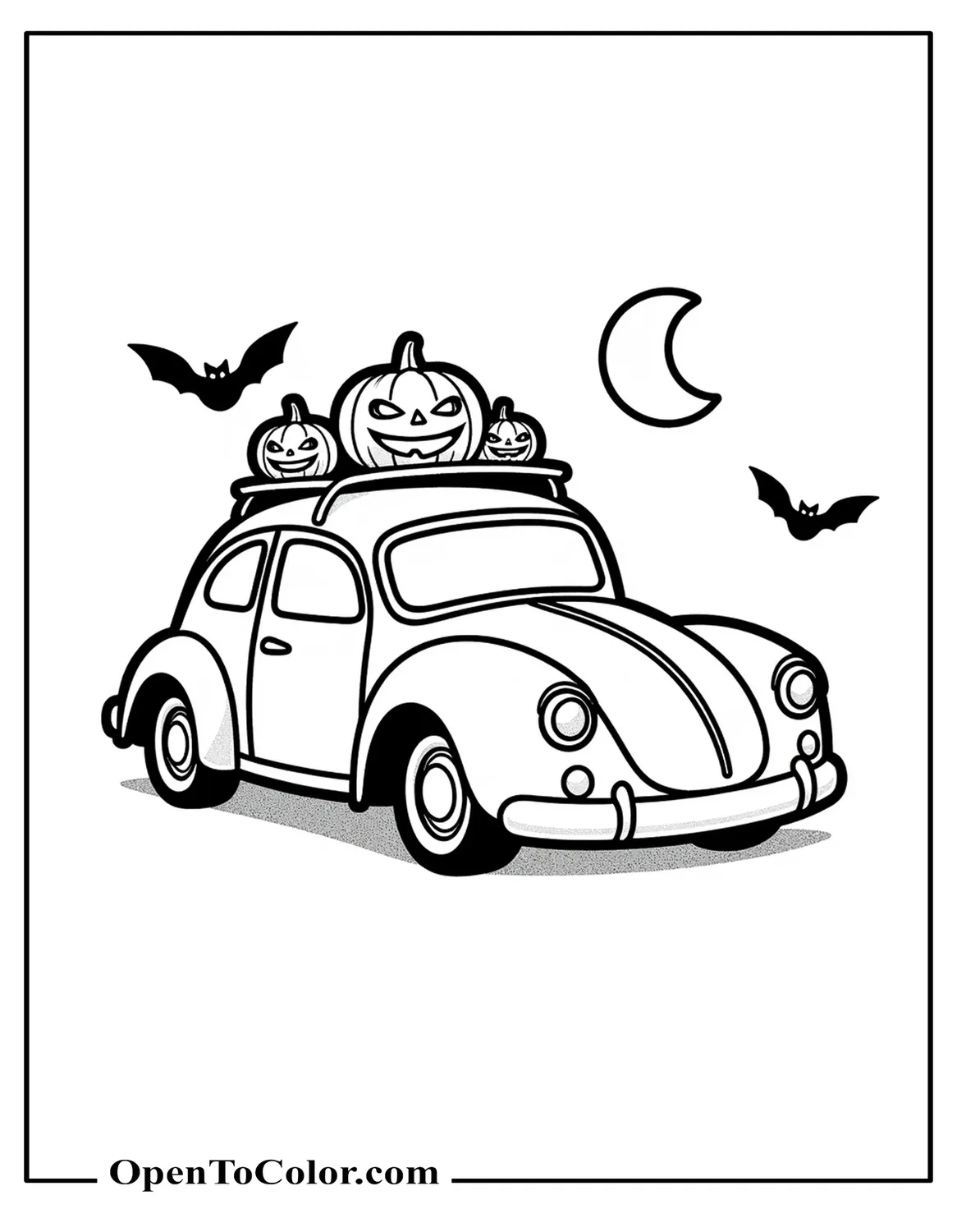 Free Coloring Sheet: Coupe with Jack-O-Lanterns on Roof Rack, Bat Decals, and a Crescent Moon