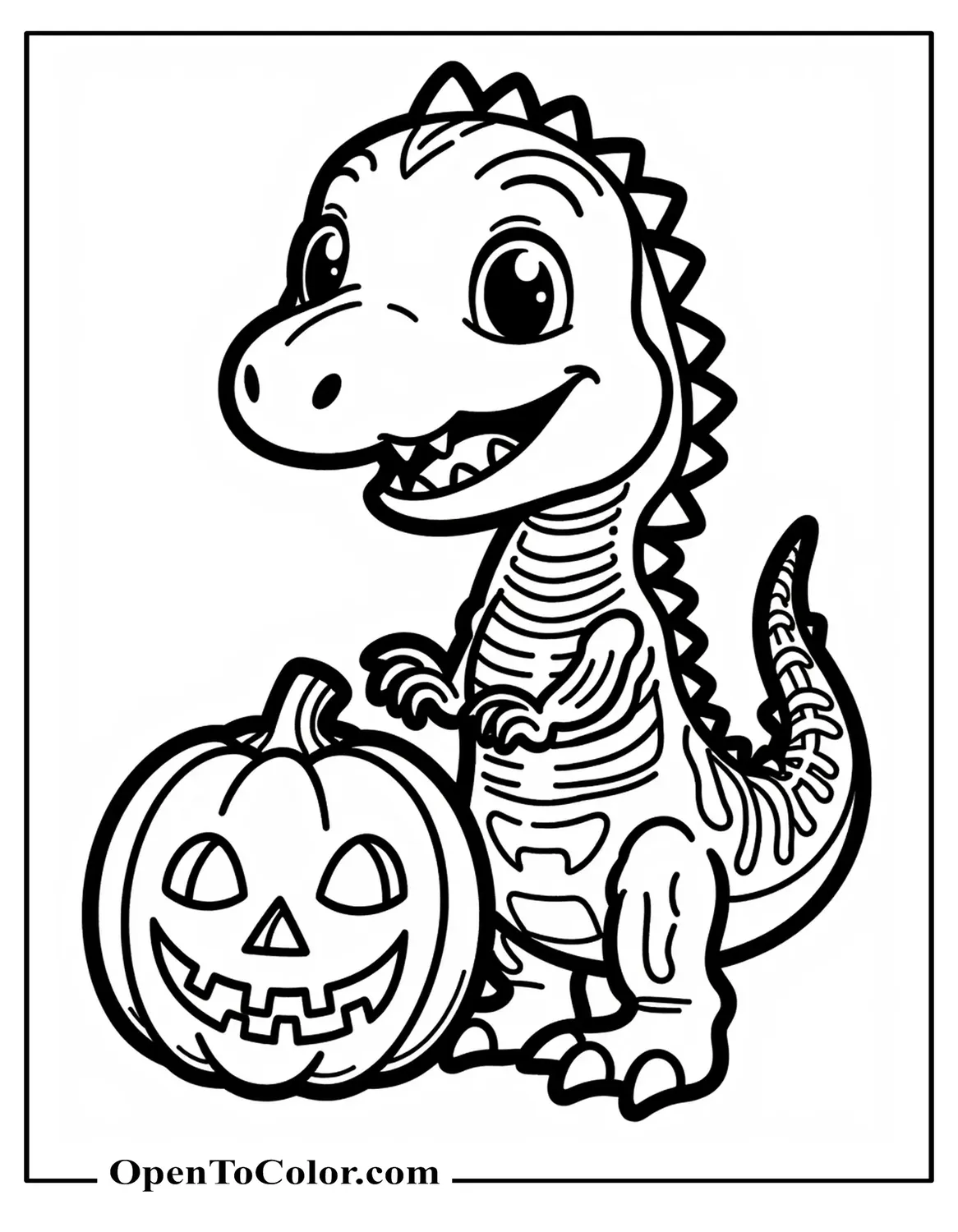 Free Coloring Page of Dinosaur in a Skeleton Costume Beside a Pumpkin Lantern