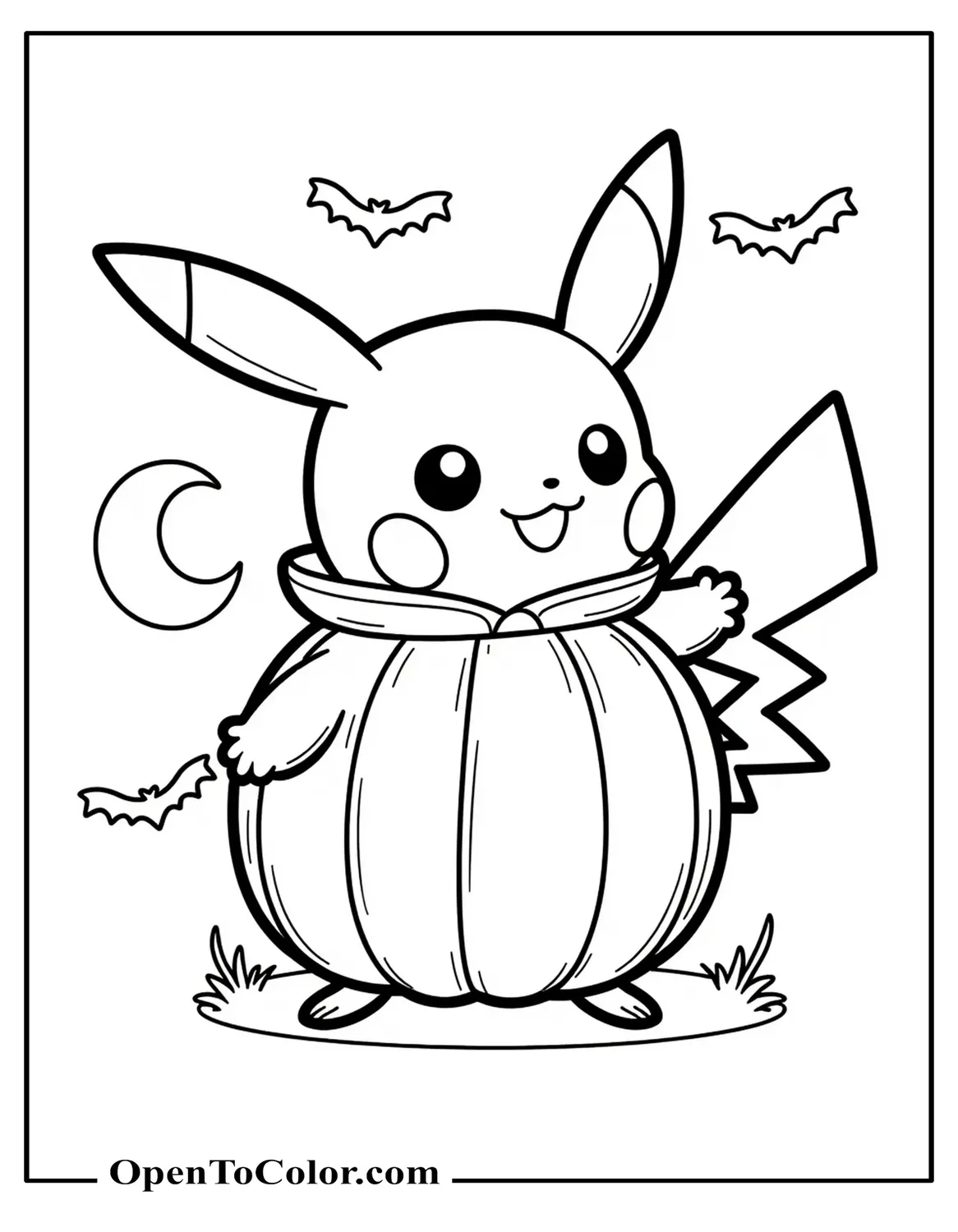 Pikachu in a pumpkin costume with bat silhouettes and crescent moon coloring sheet PDF.
