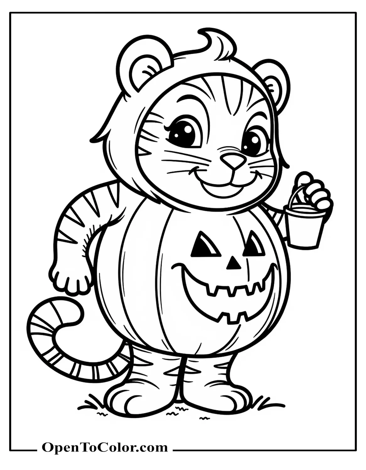 Free Halloween Tiger Coloring Page In A Pumpkin Costume Holding A Small Bucket