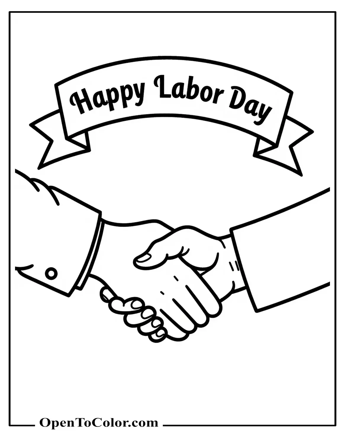 Friendly Handshake Beneath A Curved Banner That Reads “Happy Labor Day” Coloring Sheet PDF