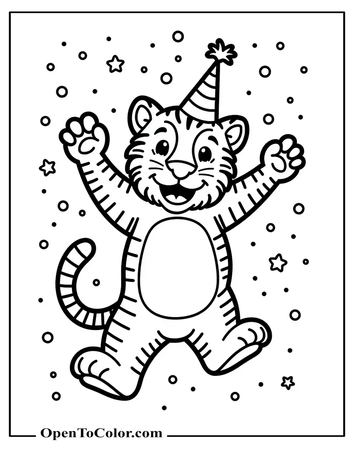 Happy Tiger Dancing With Confetti And A Party Hat, Printable Coloring Sheet