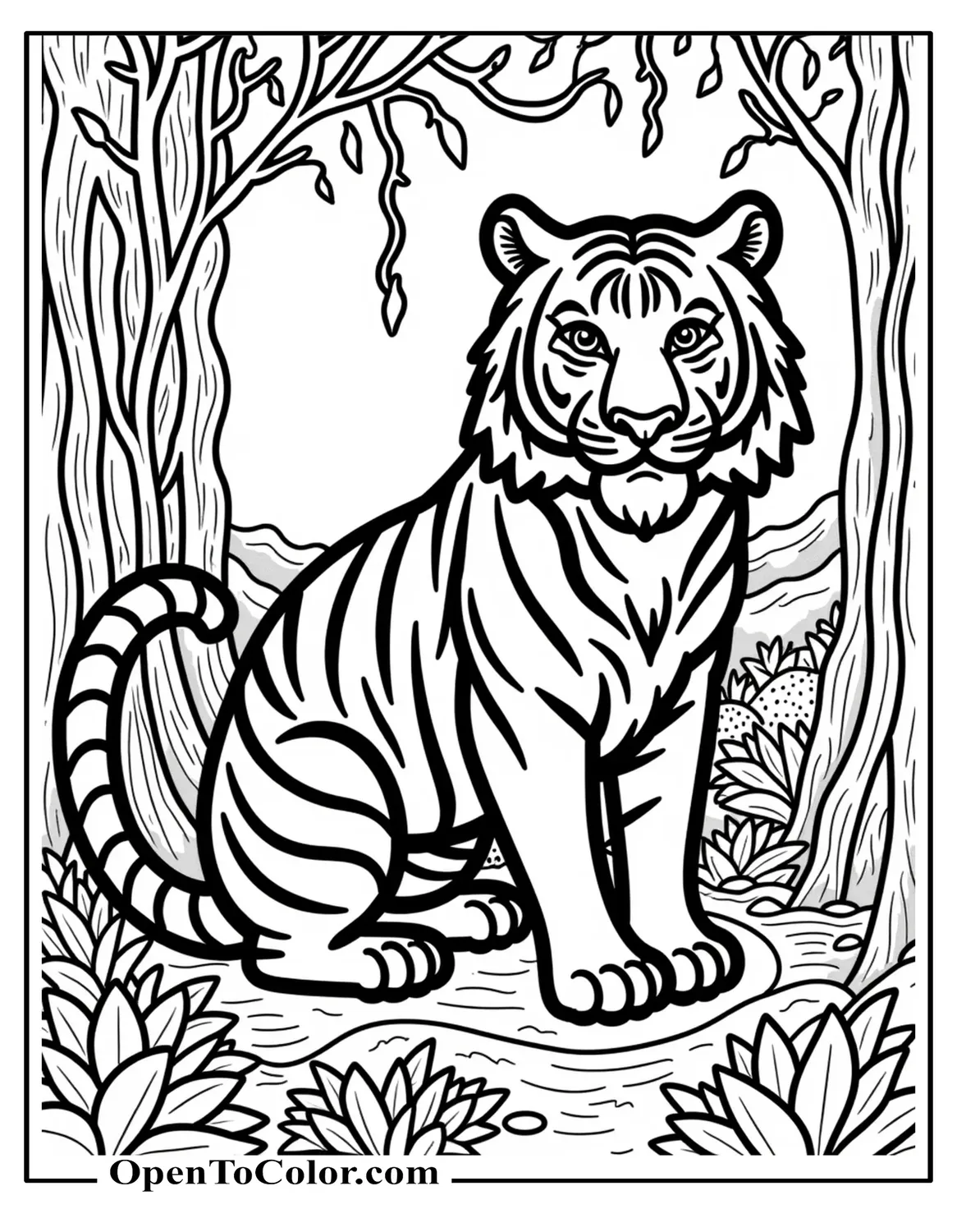 Hard Tiger Scene With Dense Jungle Plants Vines And Roots To Color Coloring Page PDF