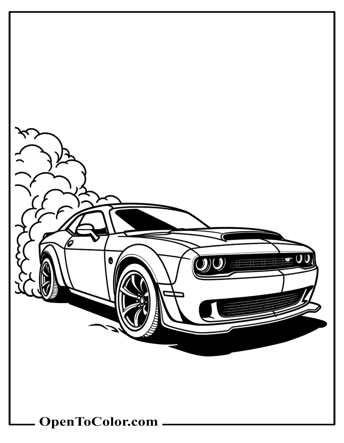 Hellcat Muscle Coupe Front View Coloring Page PDF With Hood Vents And Swirling Tire Smoke