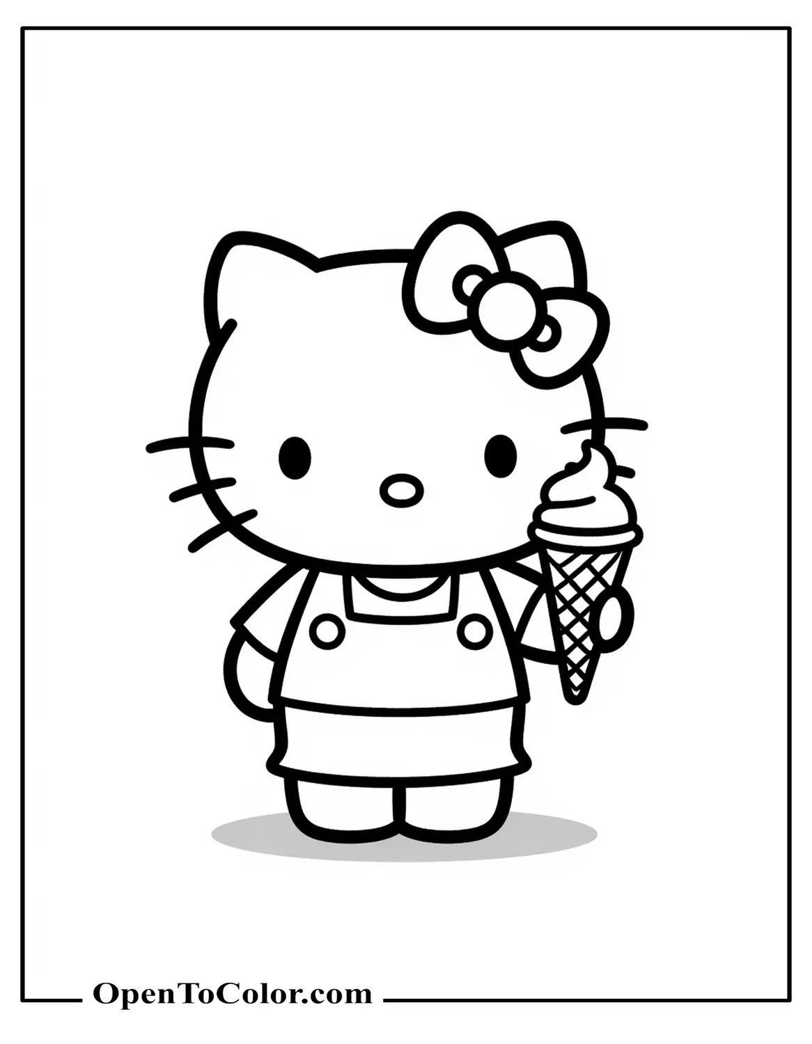 Free Hello Kitty Coloring Page Holding a Single-Scoop Ice Cream Cone