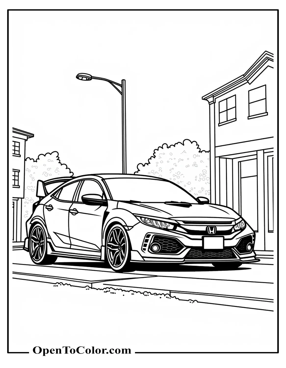 Free coloring page of a Honda Civic Type R with large rear wing parked at a street corner