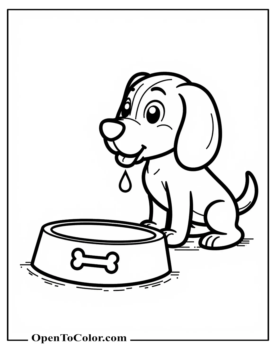 Cartoon Beagle Staring At An Empty Bowl With A Bone Symbol, One Drool Drop, Printable Coloring Sheet