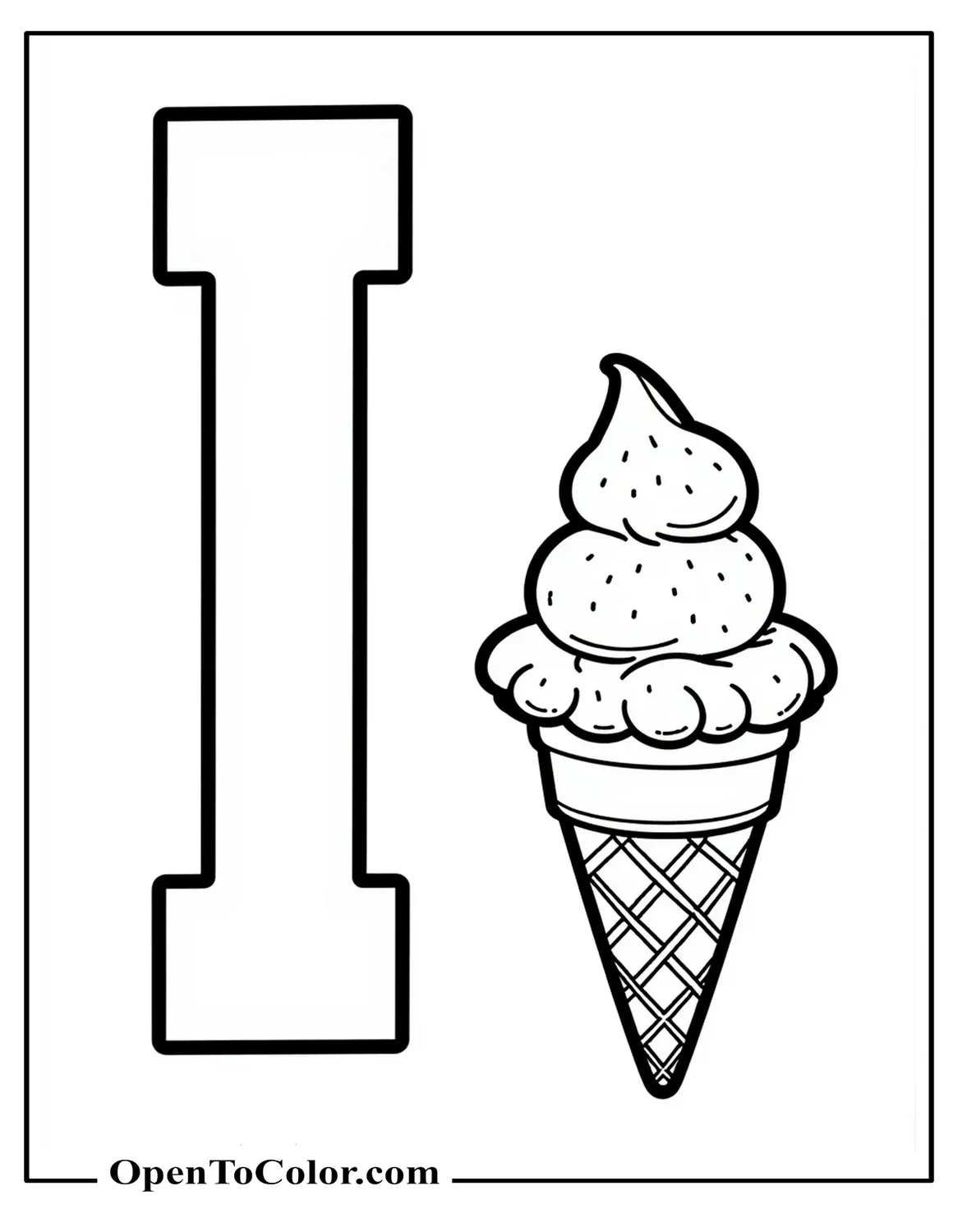 Printable Coloring Sheet of a Large Block Letter I Beside Multiple-Scoops on Ice Cream Cone