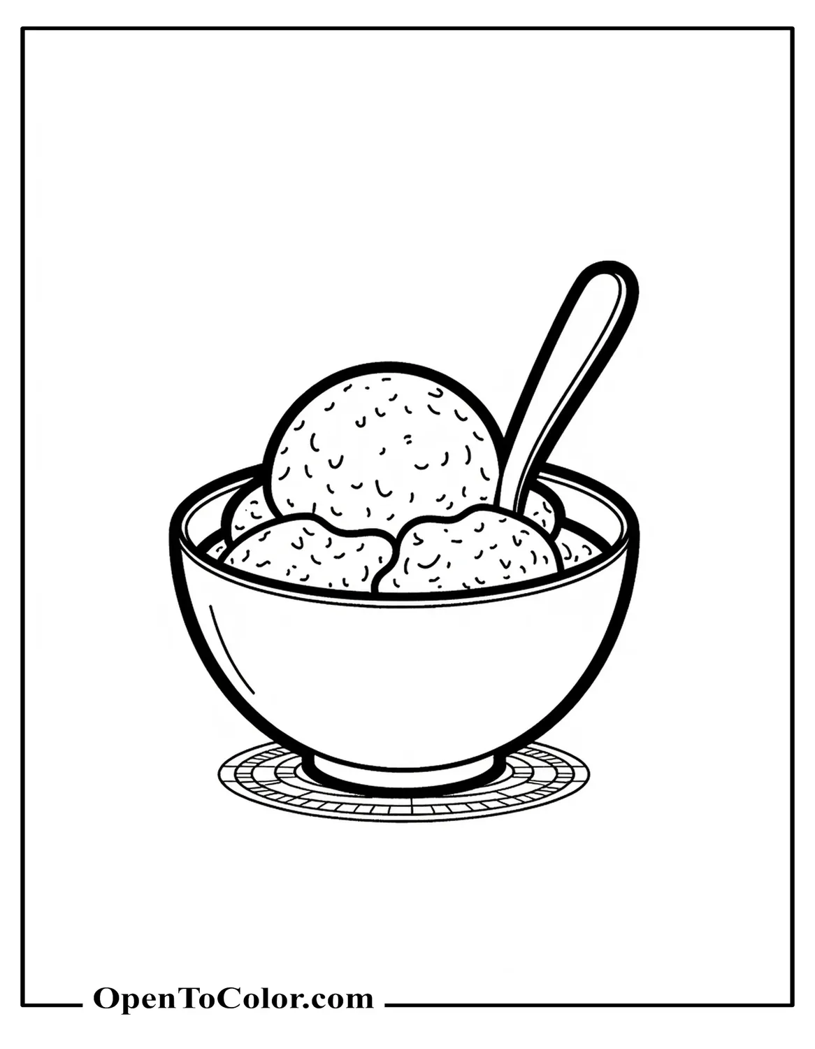 Free Coloring Sheet of a Round Bowl Holding Ice Cream With a Short Spoon