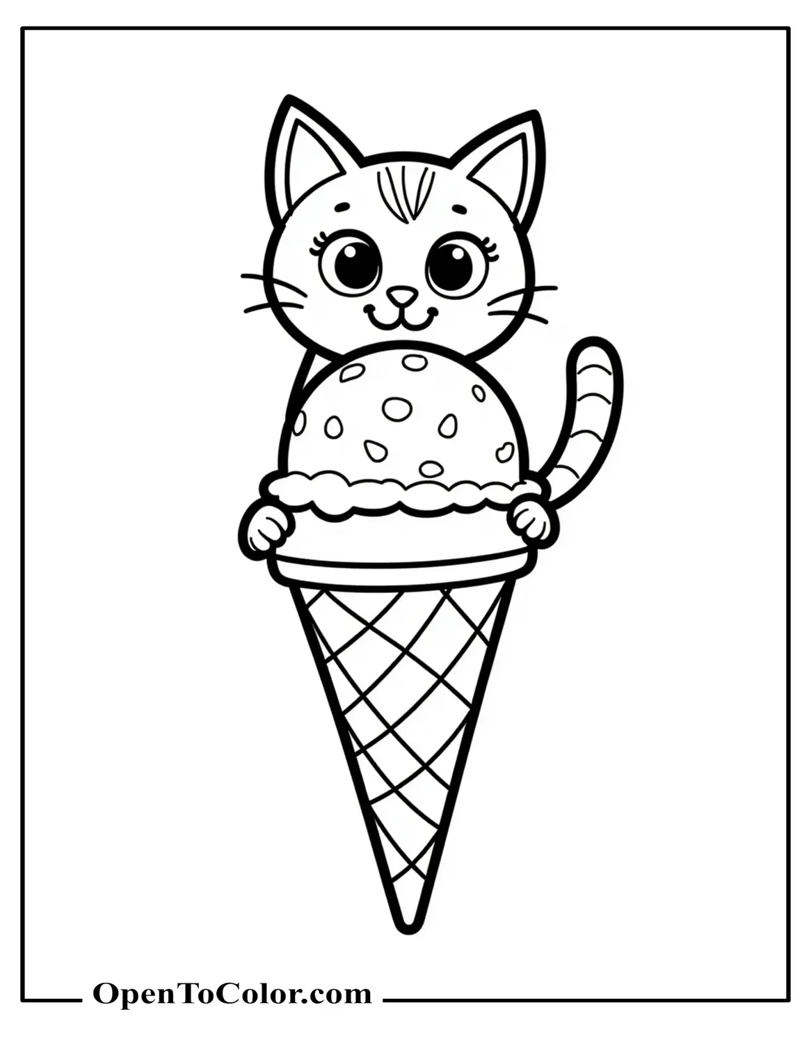 Smiling Cat Peeking Over An Ice Cream Cone With One Scoop Coloring Sheet PDF