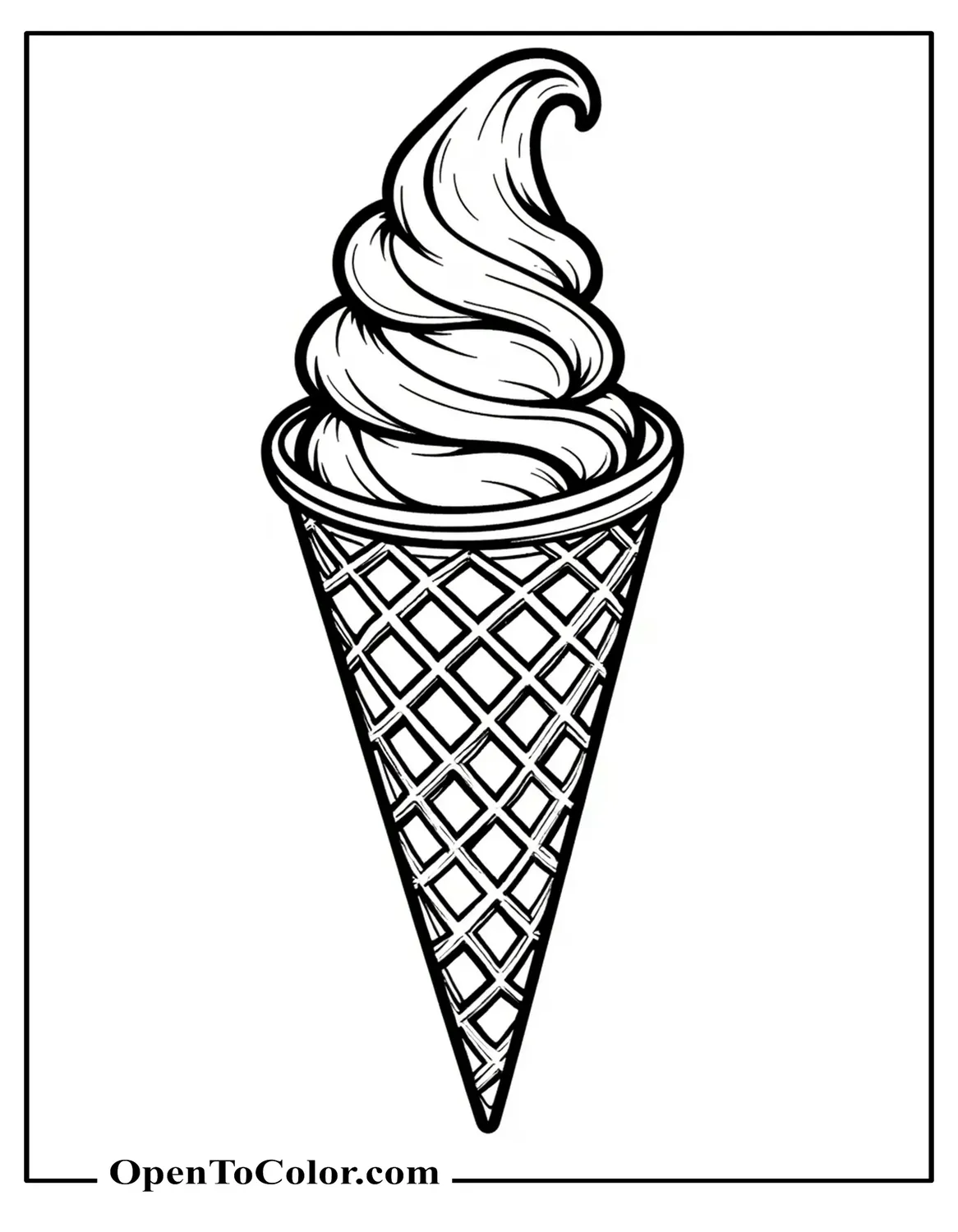 Highly Detailed Waffle Ice Cream Cone With Ornate Patterns On One Scoop, Free Coloring Sheet