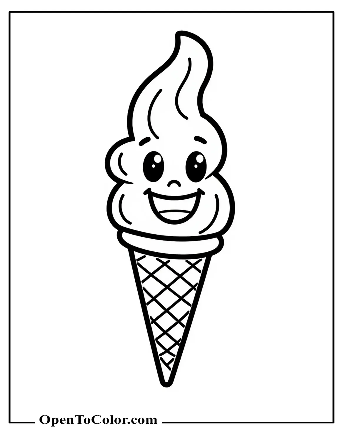 Single classic ice cream cone coloring page PDF with one scoop and a big smiley face