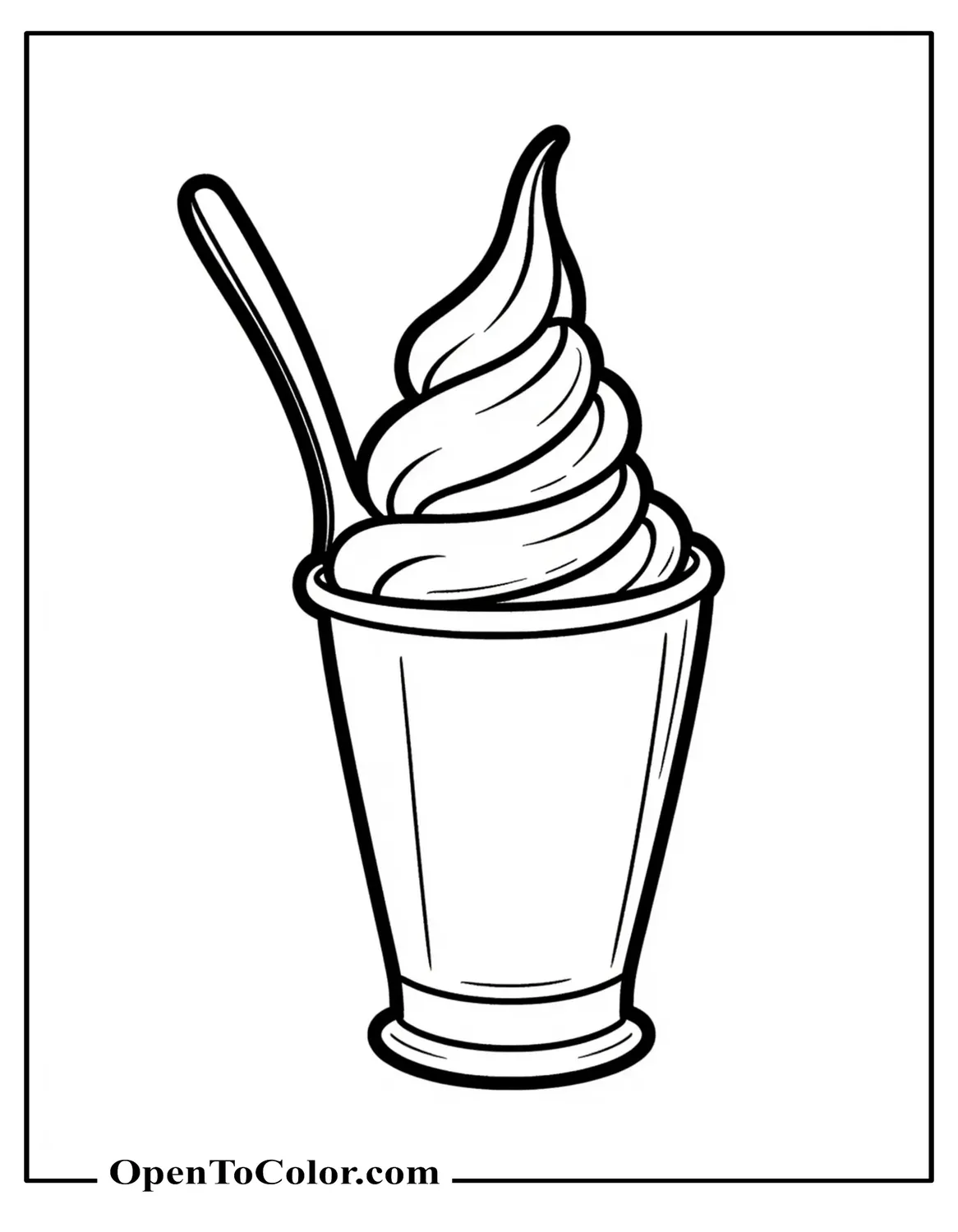 Free Coloring Page of a Soft-Serve Ice Cream Swirl in a Cup with a Simple Spoon Beside It